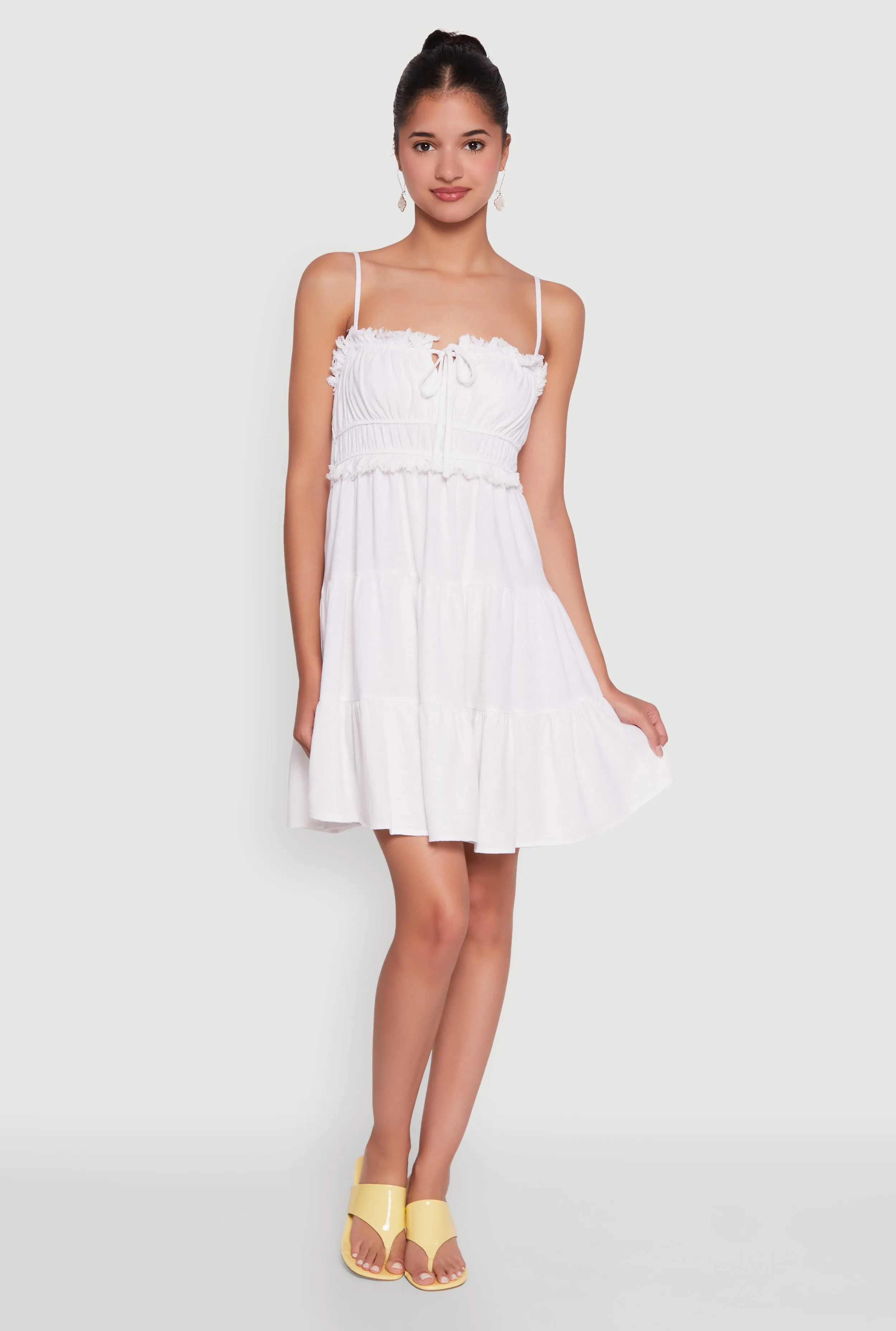 Haute Monde Linen Sleeveless Tiered Dress with Frayed Detail sold by Rainbow