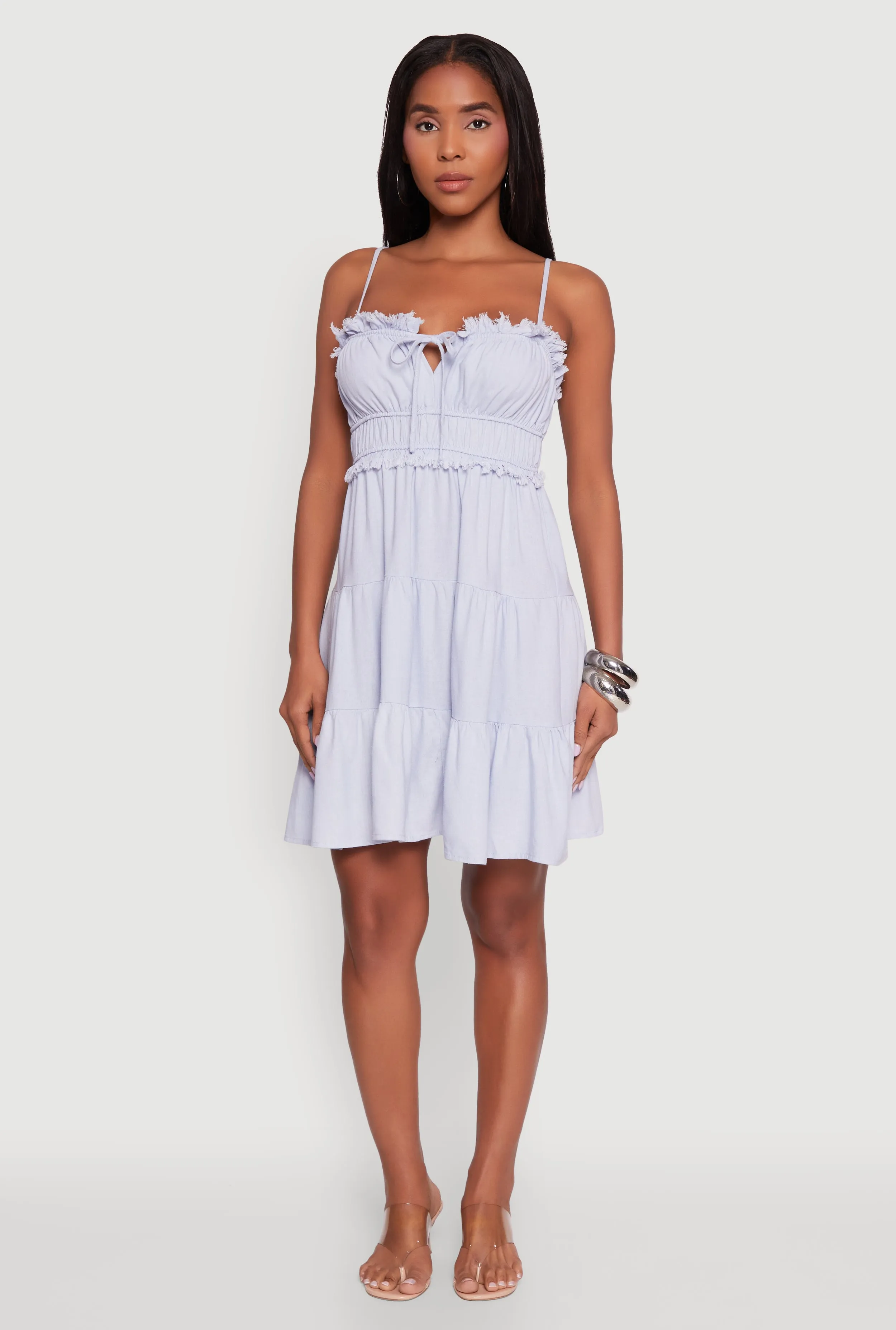 Haute Monde Linen Sleeveless Tiered Dress with Frayed Detail sold by Rainbow