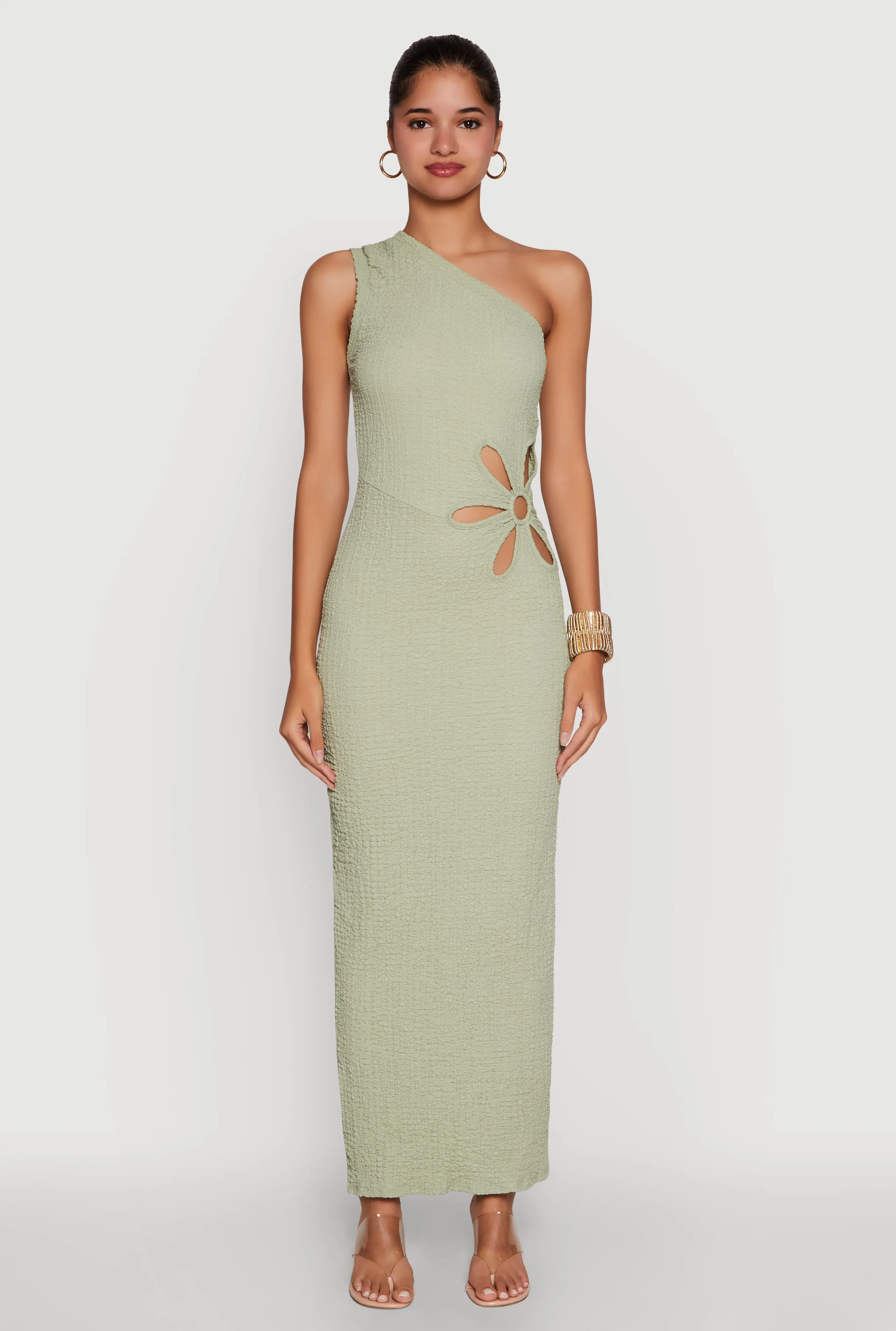 Trendy One Shoulder Flower Cut Out Maxi Dress sold by Rainbow