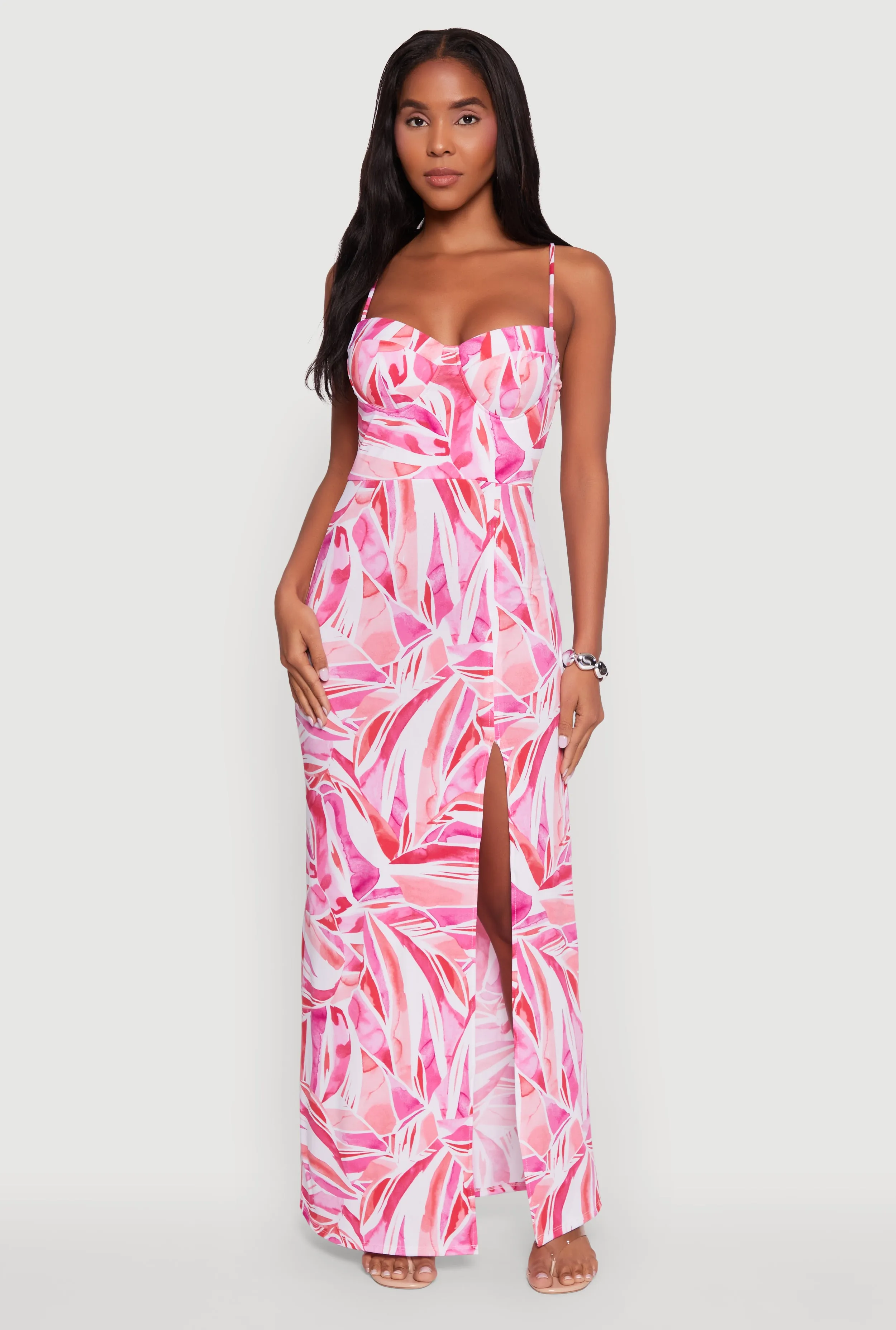 Sleeveless Printed Bustier Maxi Dress with Side Slit sold by Rainbow