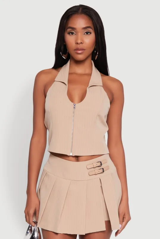 Iris Pinstripe Zip Front Collared Halter Top sold by Rainbow