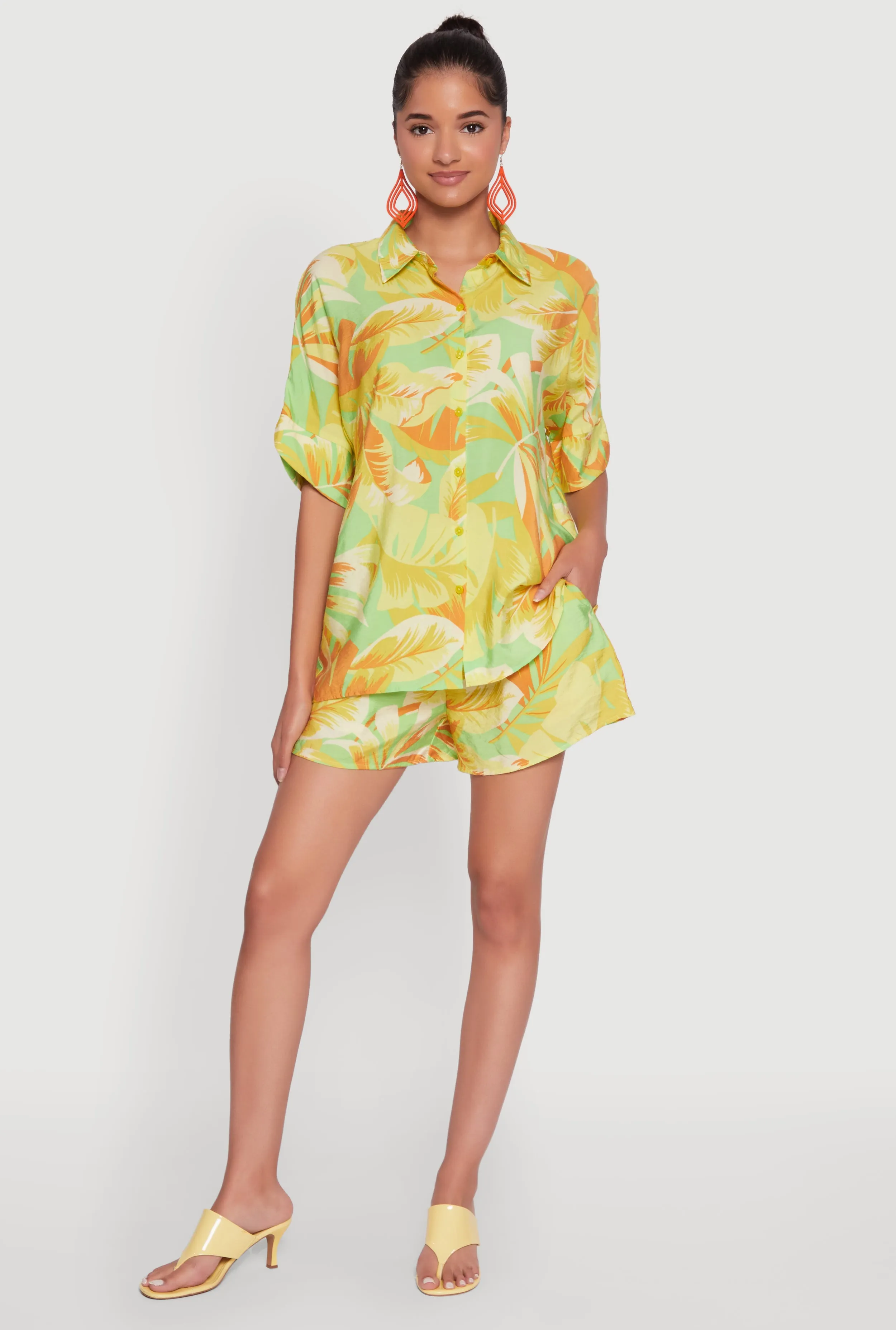 Trendy High Waisted Floral Leaf Print Crepe Knit Shorts sold by Rainbow