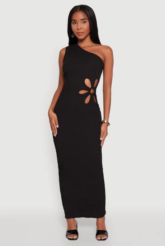 Trendy One Shoulder Flower Cut Out Maxi Dress sold by Rainbow