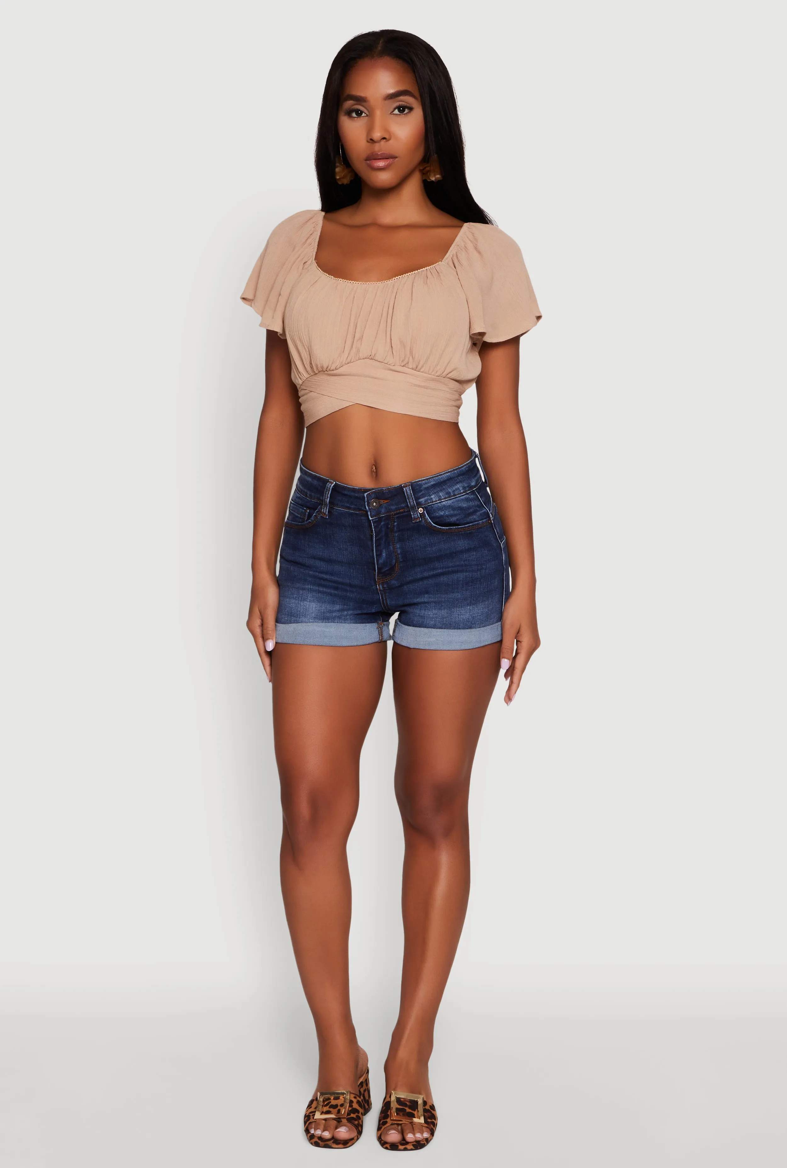 Classic Fit Scoop Neck Flutter Sleeve Crop Top sold by Rainbow