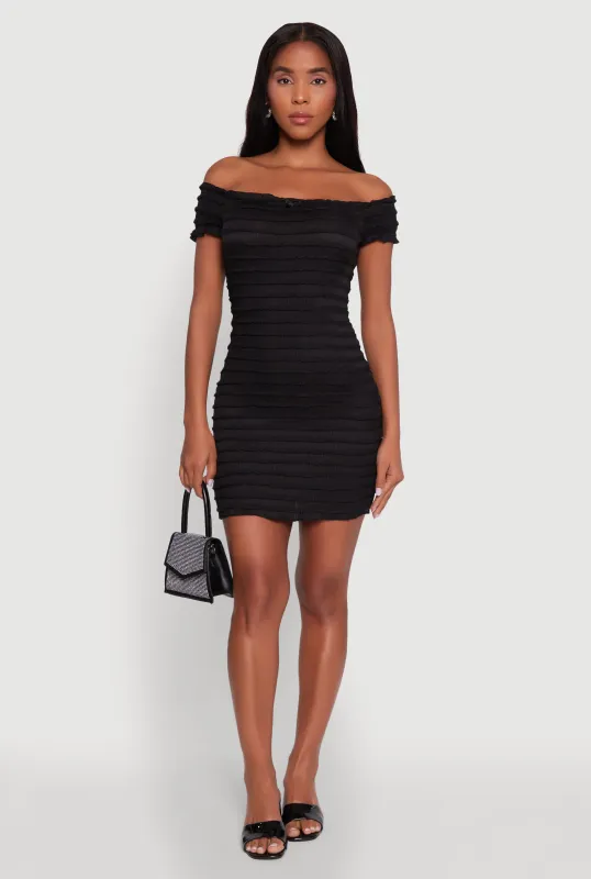 Textured Knit Bow Detail Off The Shoulder Dress sold by Rainbow