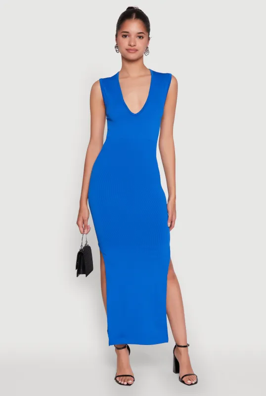 Trendy Rib Knit Plunge Neck Side Slit Maxi Dress sold by Rainbow