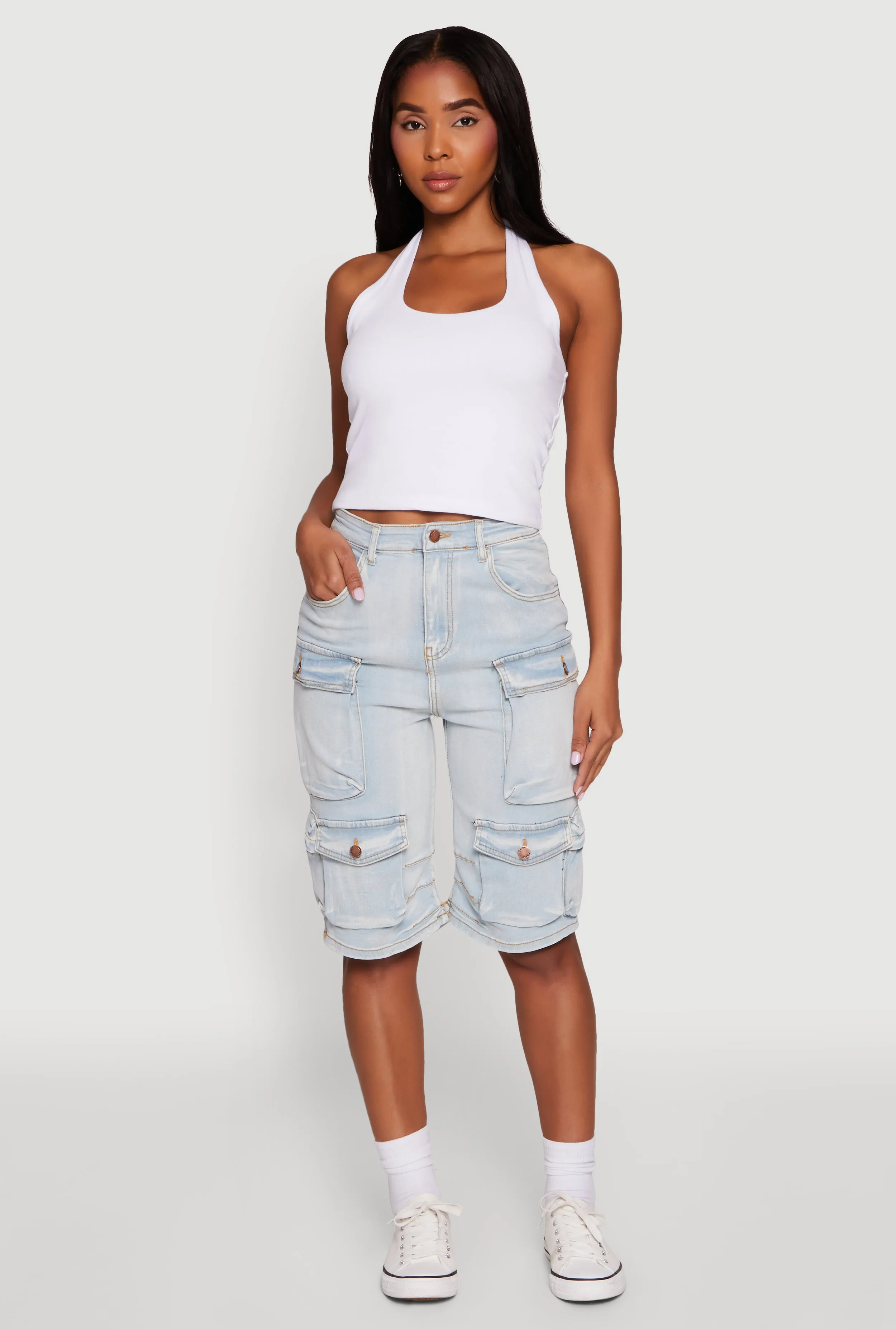 Daisy High Waisted Acid Wash Denim Cargo Shorts sold by Rainbow