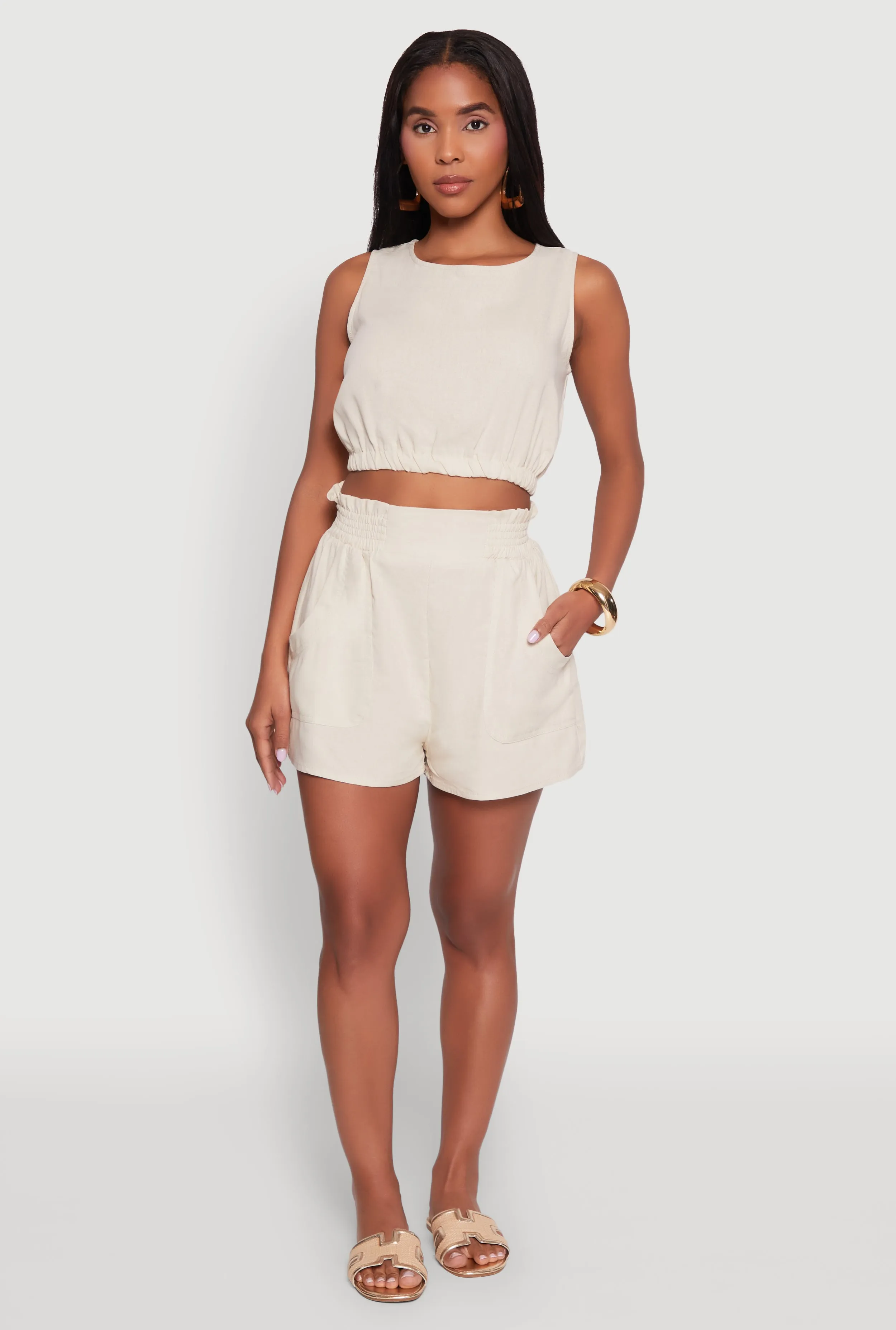 Chic Smocked High Waisted Linen Shorts sold by Rainbow product image thumbnail 2