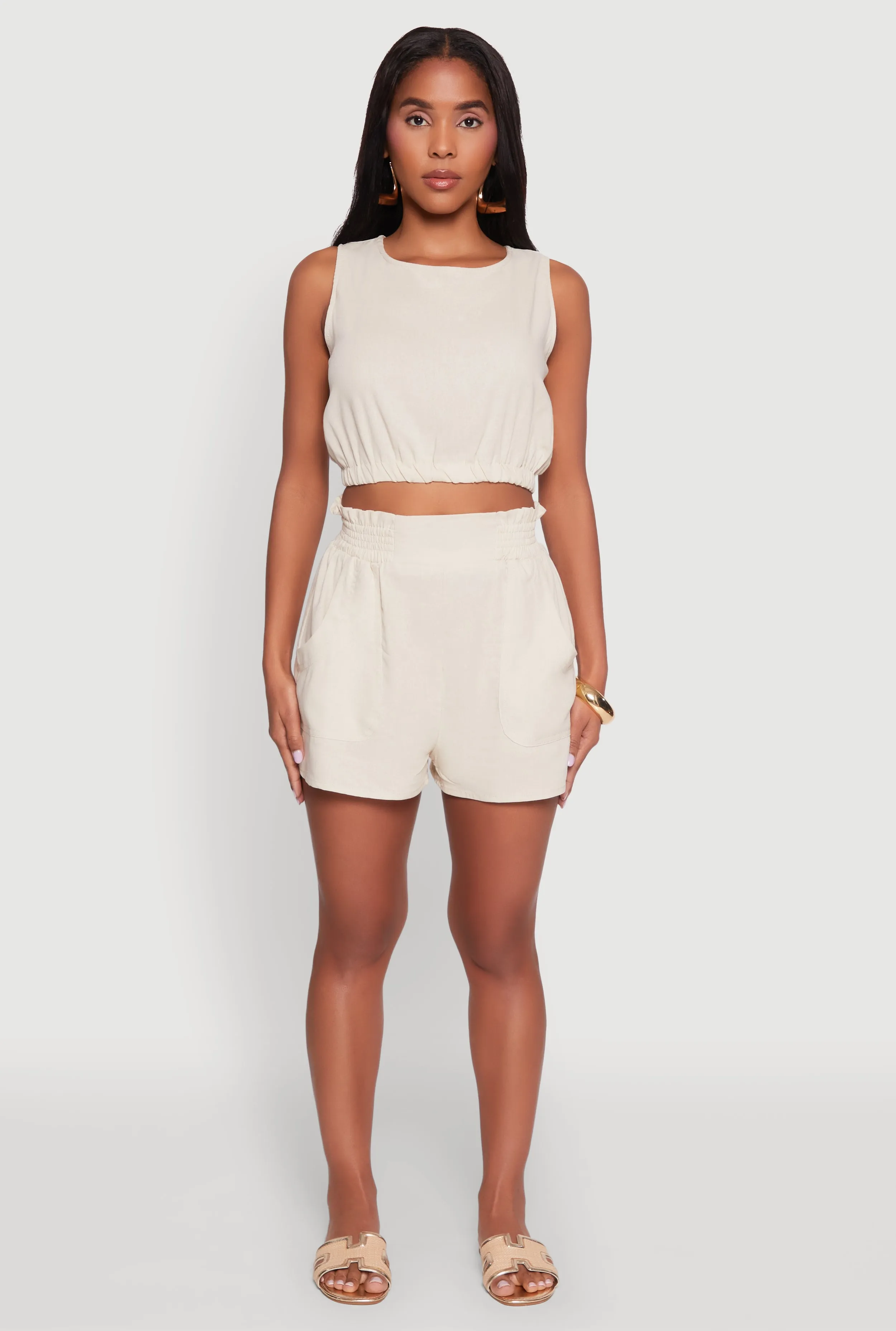 Chic Smocked High Waisted Linen Shorts sold by Rainbow product image thumbnail 3