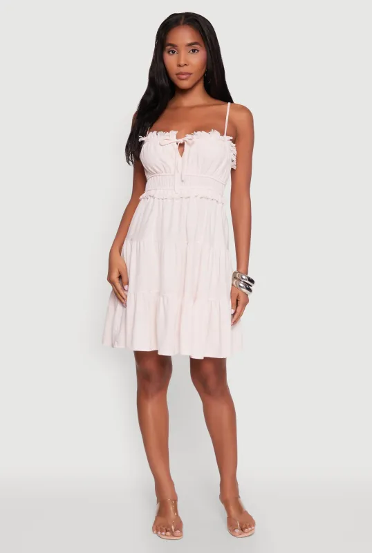 Haute Monde Linen Sleeveless Tiered Dress with Frayed Detail sold by Rainbow