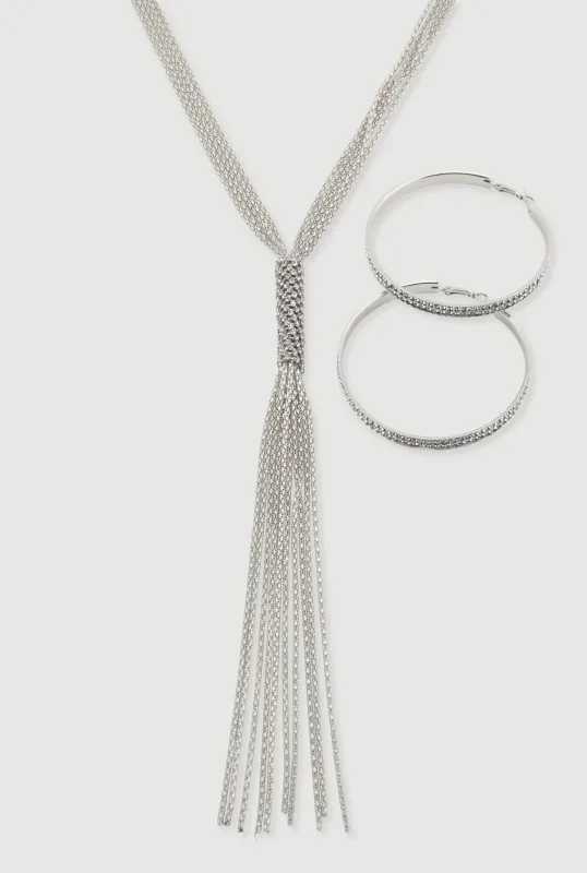 Rhinestone Studded Hoop Earrings with Tassels Necklace sold by Rainbow