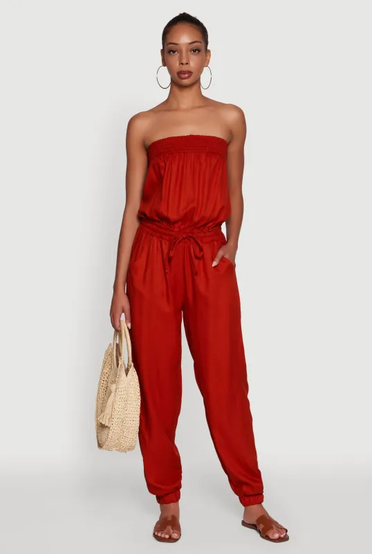 Strapless Smocked Drawstring Waist Jumpsuit sold by Rainbow