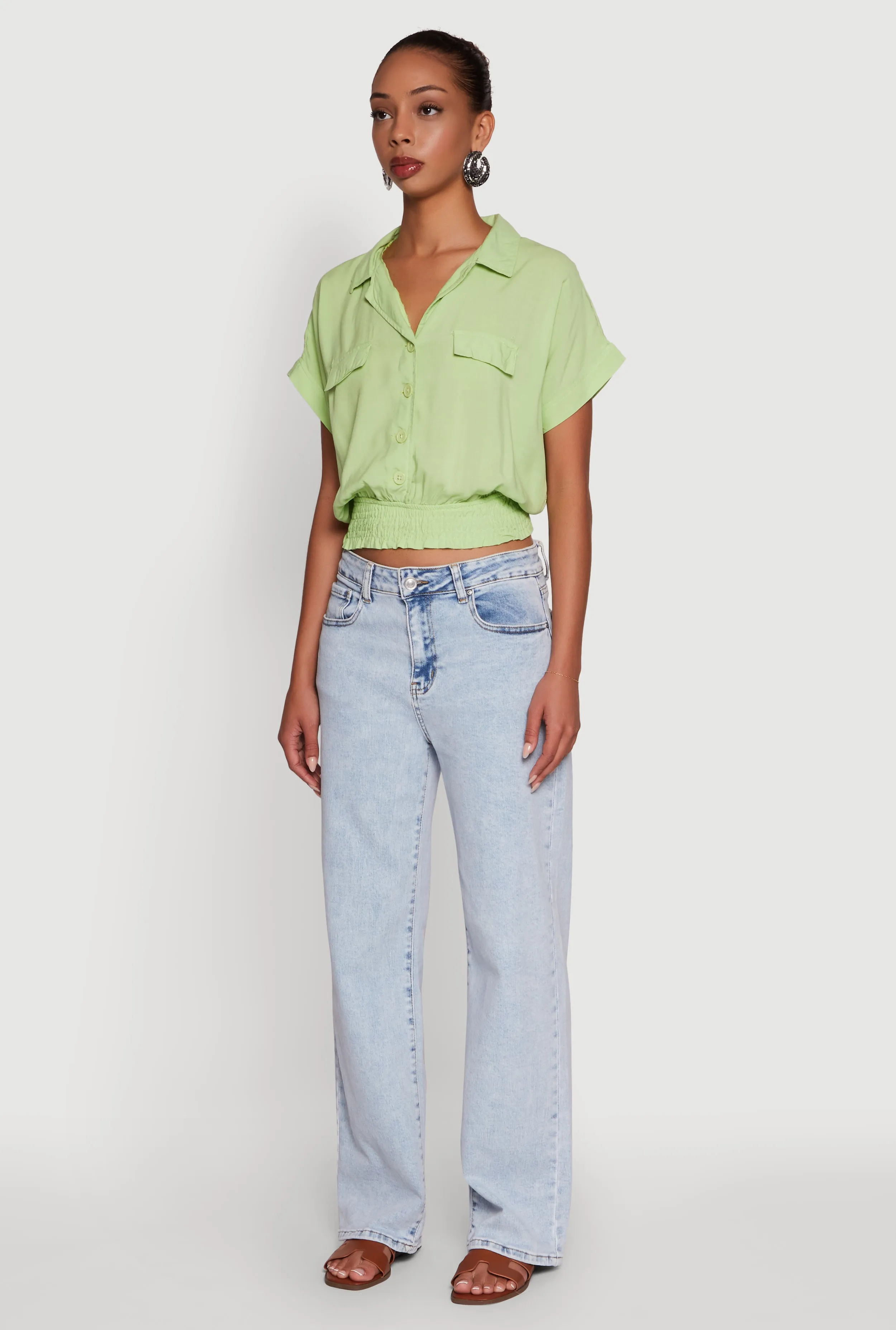 Trendy Button Front Smocked Waist Blouse sold by Rainbow product image thumbnail 5