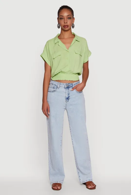 Trendy Button Front Smocked Waist Blouse sold by Rainbow