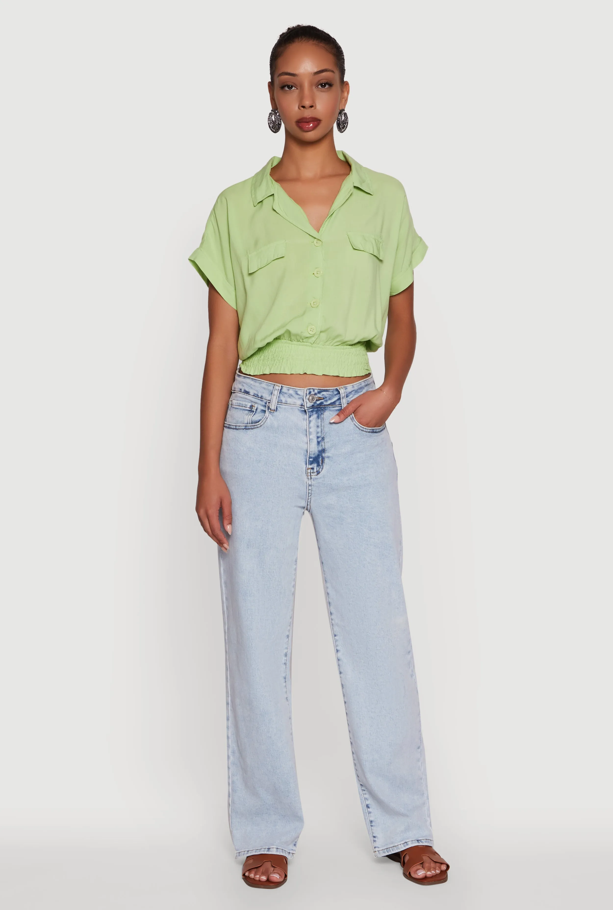 Trendy Button Front Smocked Waist Blouse sold by Rainbow