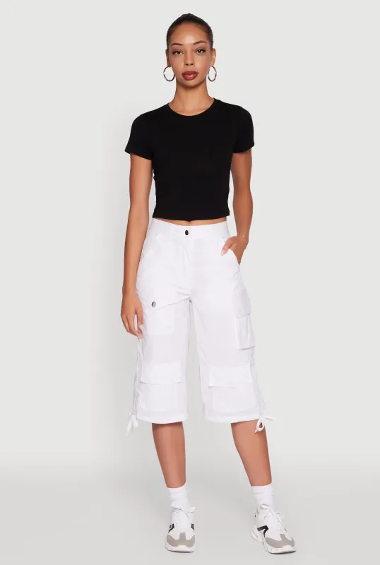Trendy Cargo Pocket Drawstring Hem Capris Pants sold by Rainbow