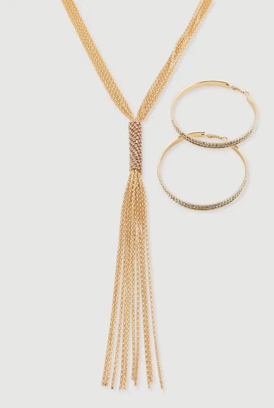 Rhinestone Studded Hoop Earrings with Tassels Necklace sold by Rainbow