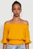 Off The Shoulder Smocked Cropped Peasant Top sold by Rainbow