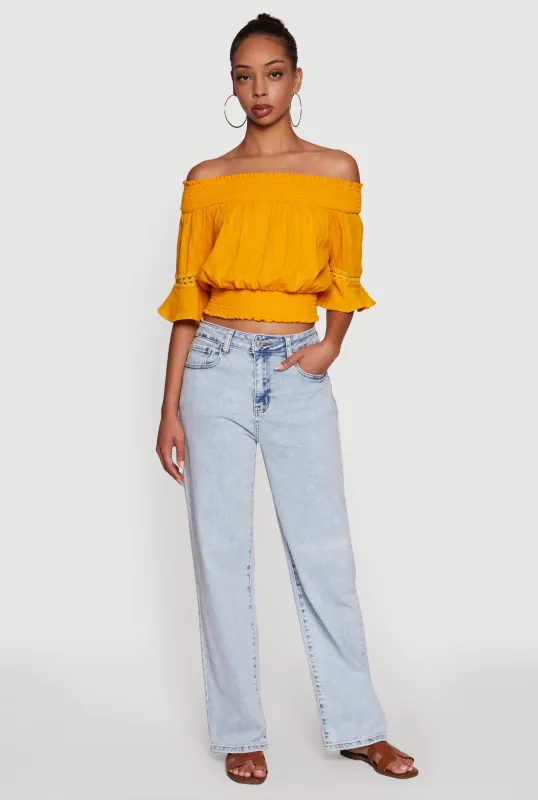 Off The Shoulder Smocked Cropped Peasant Top sold by Rainbow