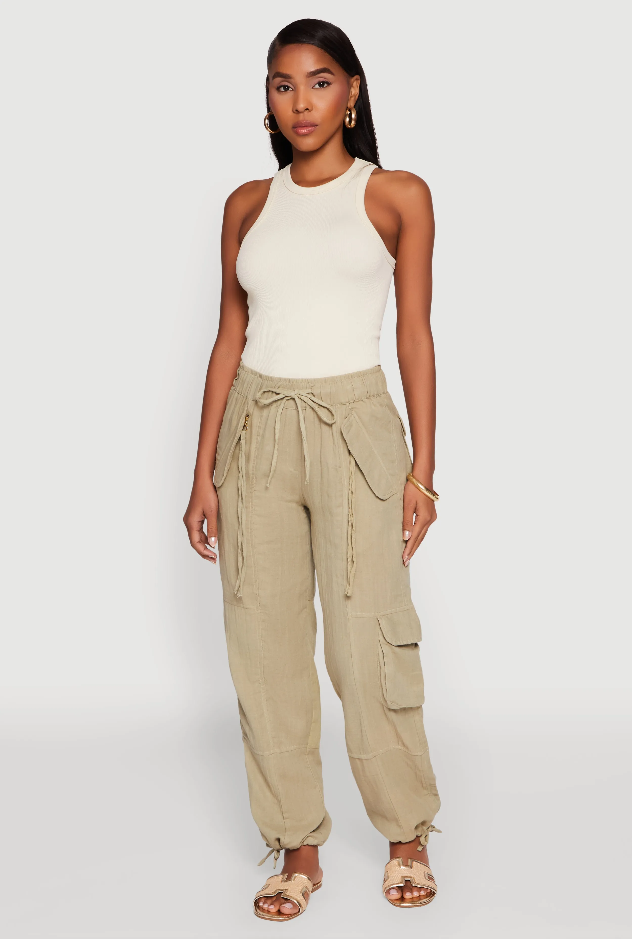 Zip Pocket Drawstring Waist Utility Joggers sold by Rainbow