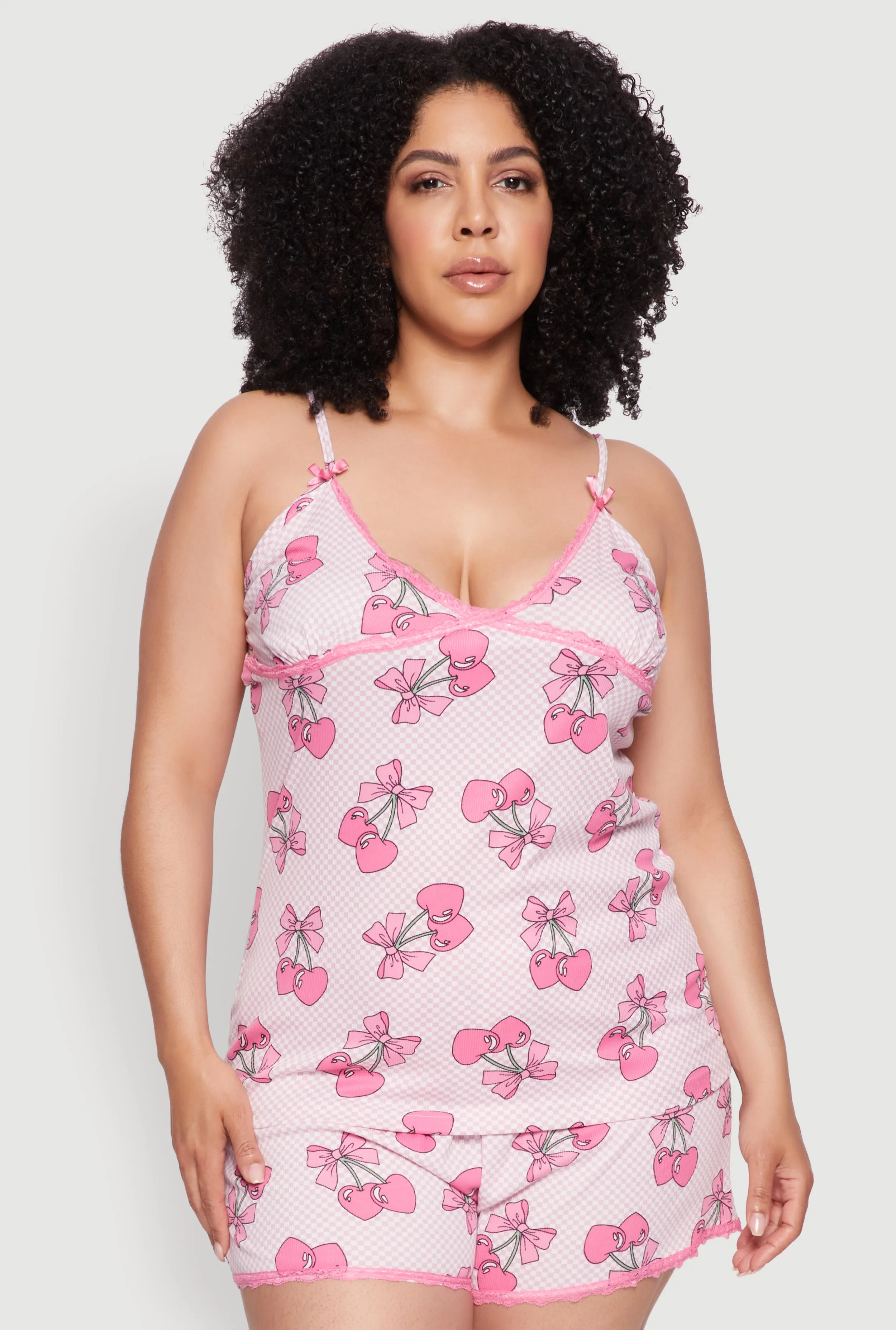 Plus Size Lace Trim Fruit Print Cami and Shorts Pajama Set sold by Rainbow product image thumbnail 2