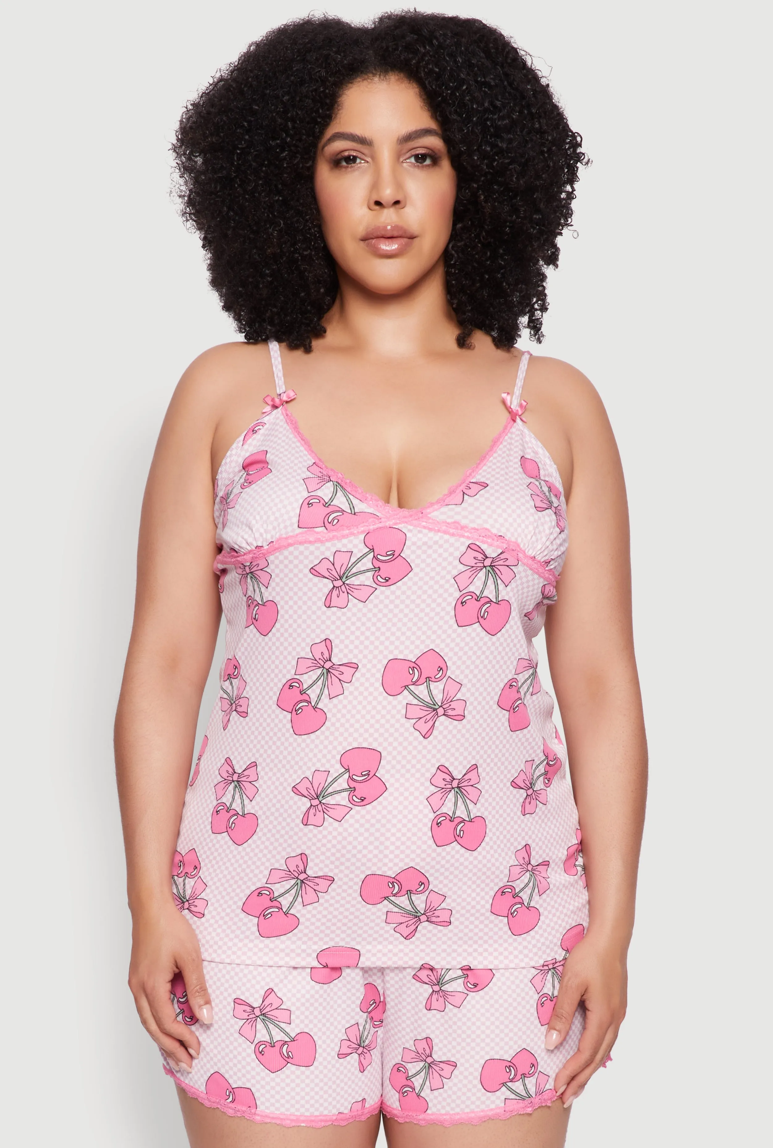 Plus Size Lace Trim Fruit Print Cami and Shorts Pajama Set sold by Rainbow