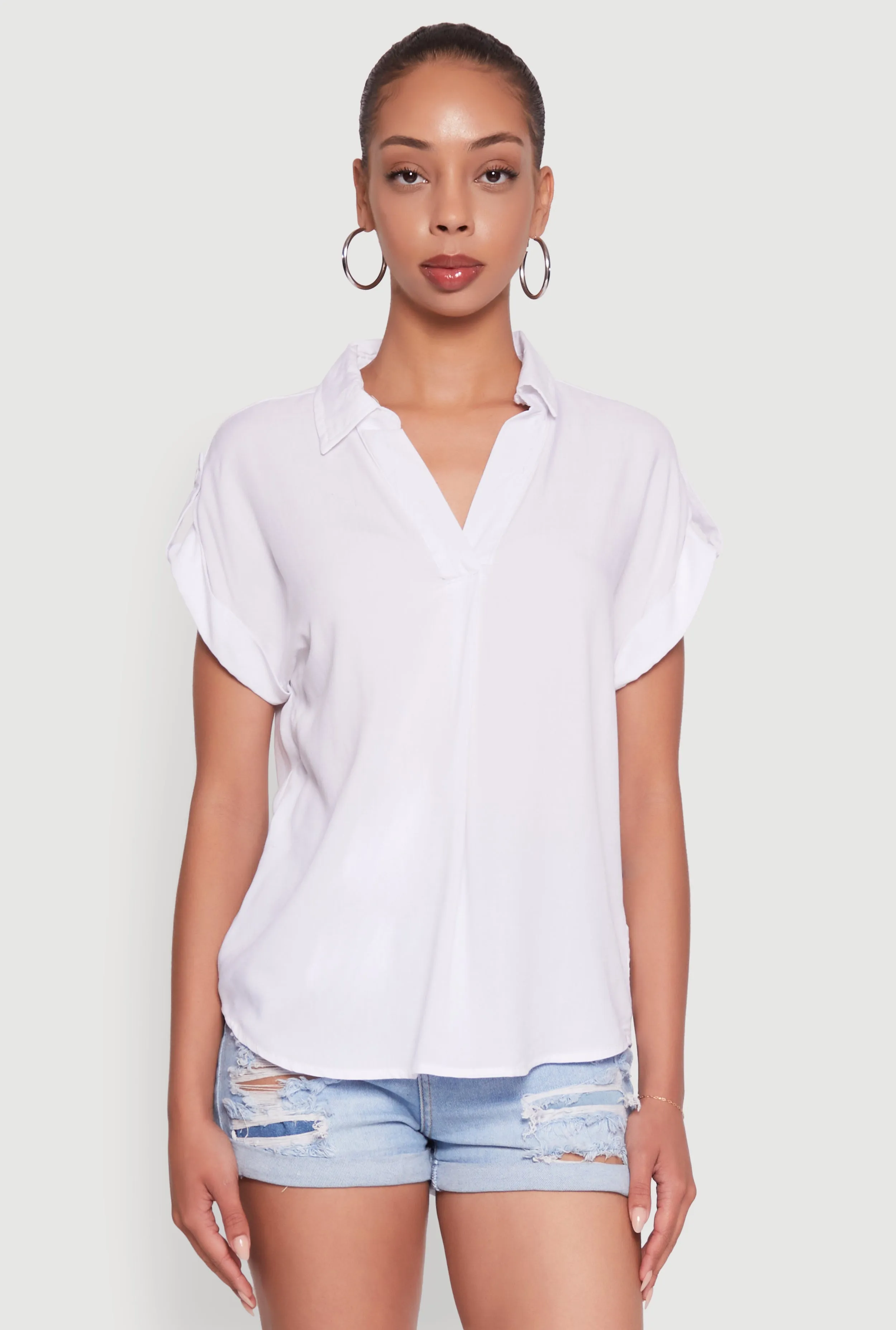 Trendy Tabbed Short Sleeve Collared Blouse sold by Rainbow product image thumbnail 2
