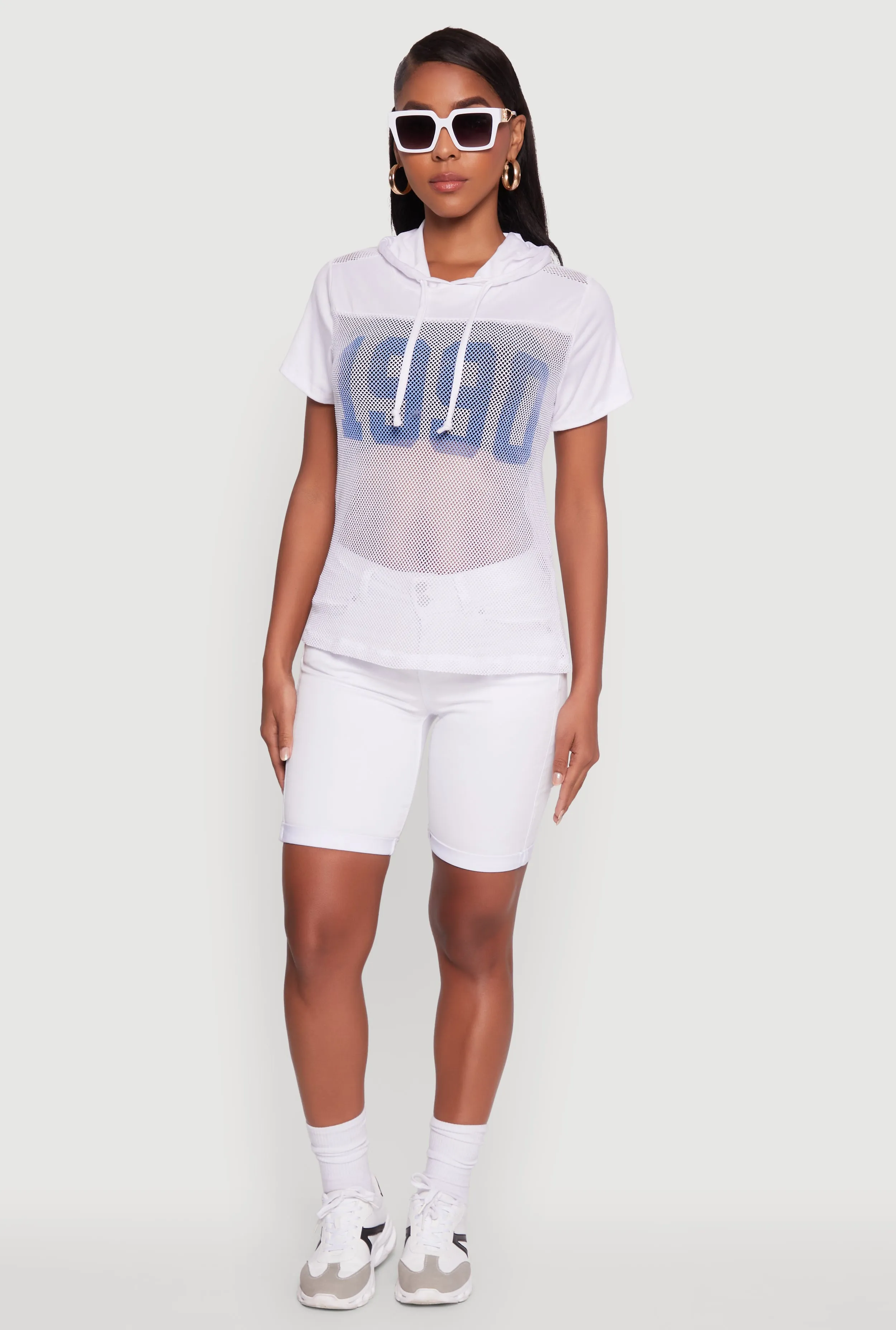 Fishnet 1990 Graphic Hooded Short Sleeve Top sold by Rainbow