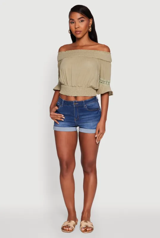 Off The Shoulder Smocked Cropped Peasant Top sold by Rainbow