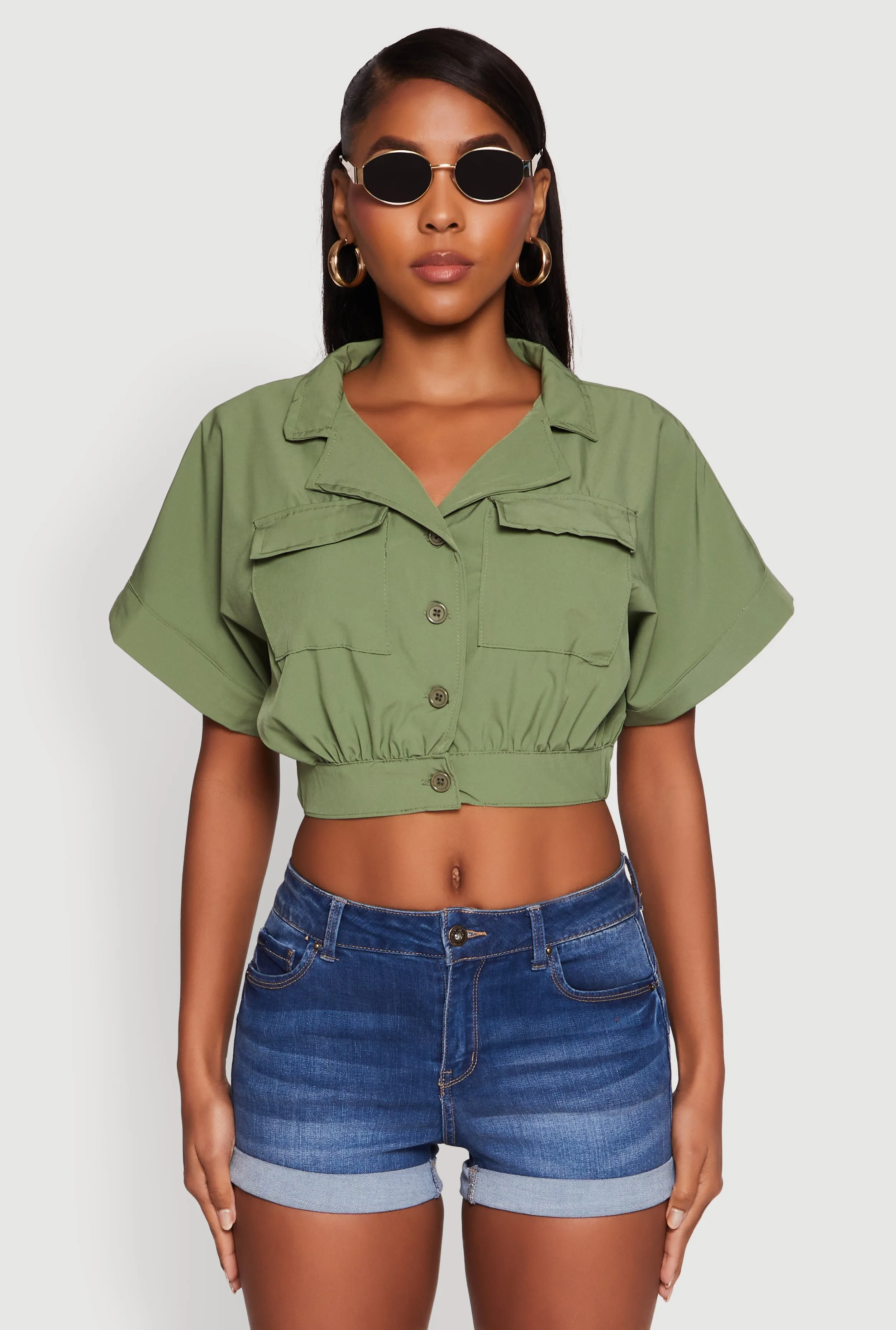 Dolman Sleeve Button Front Shirt Collar Crop Top sold by Rainbow product image thumbnail 2