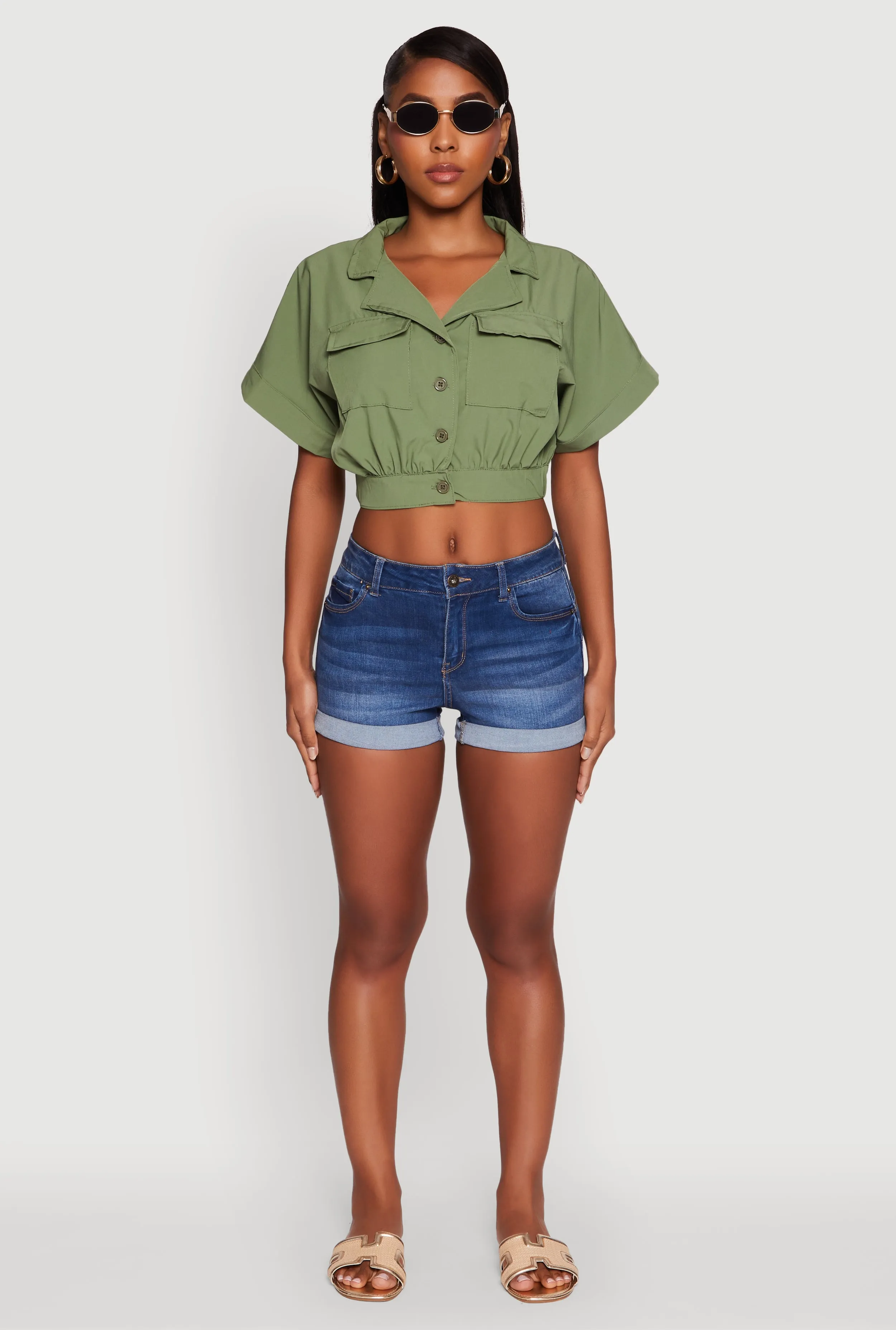 Dolman Sleeve Button Front Shirt Collar Crop Top sold by Rainbow product image thumbnail 3