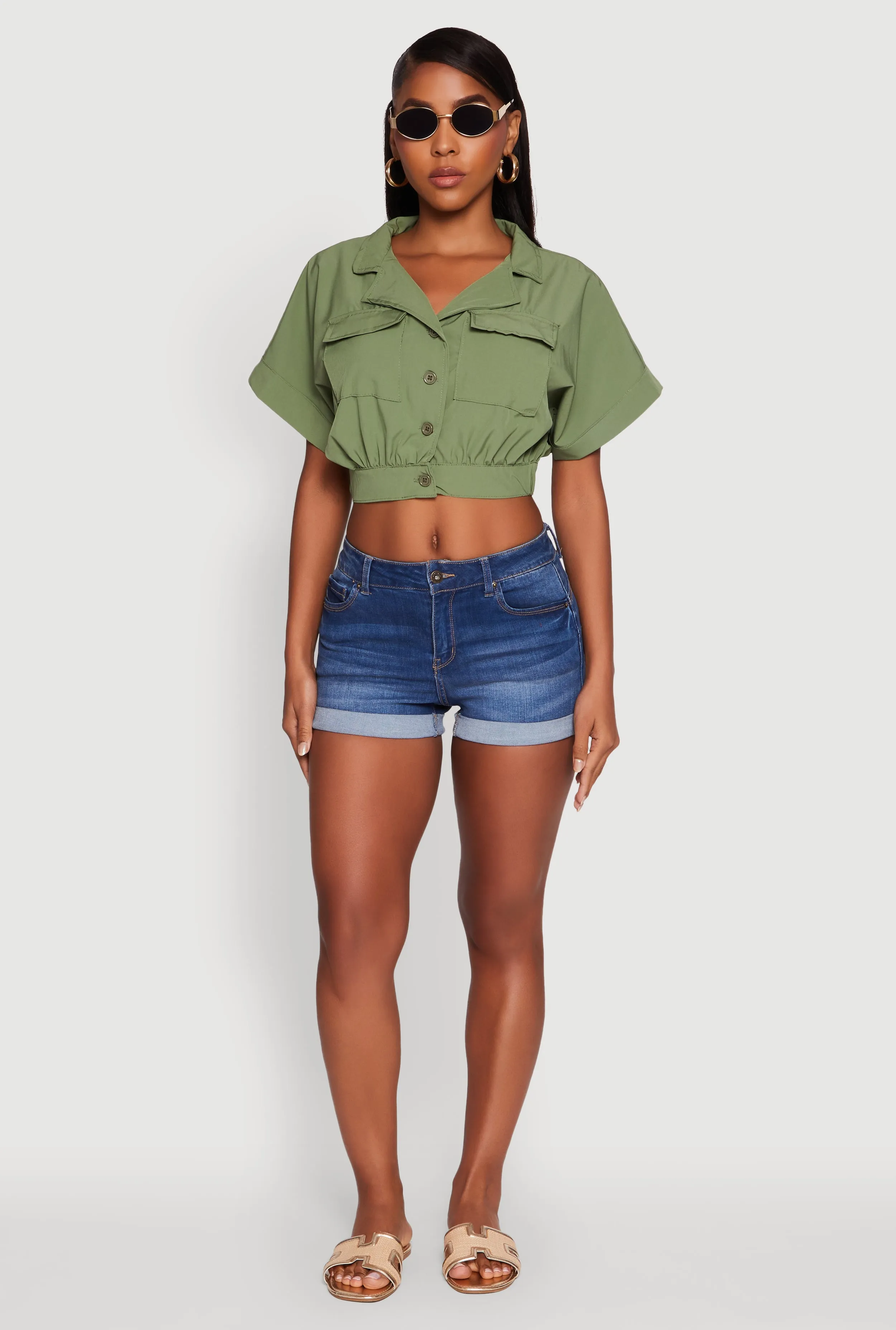 Dolman Sleeve Button Front Shirt Collar Crop Top sold by Rainbow