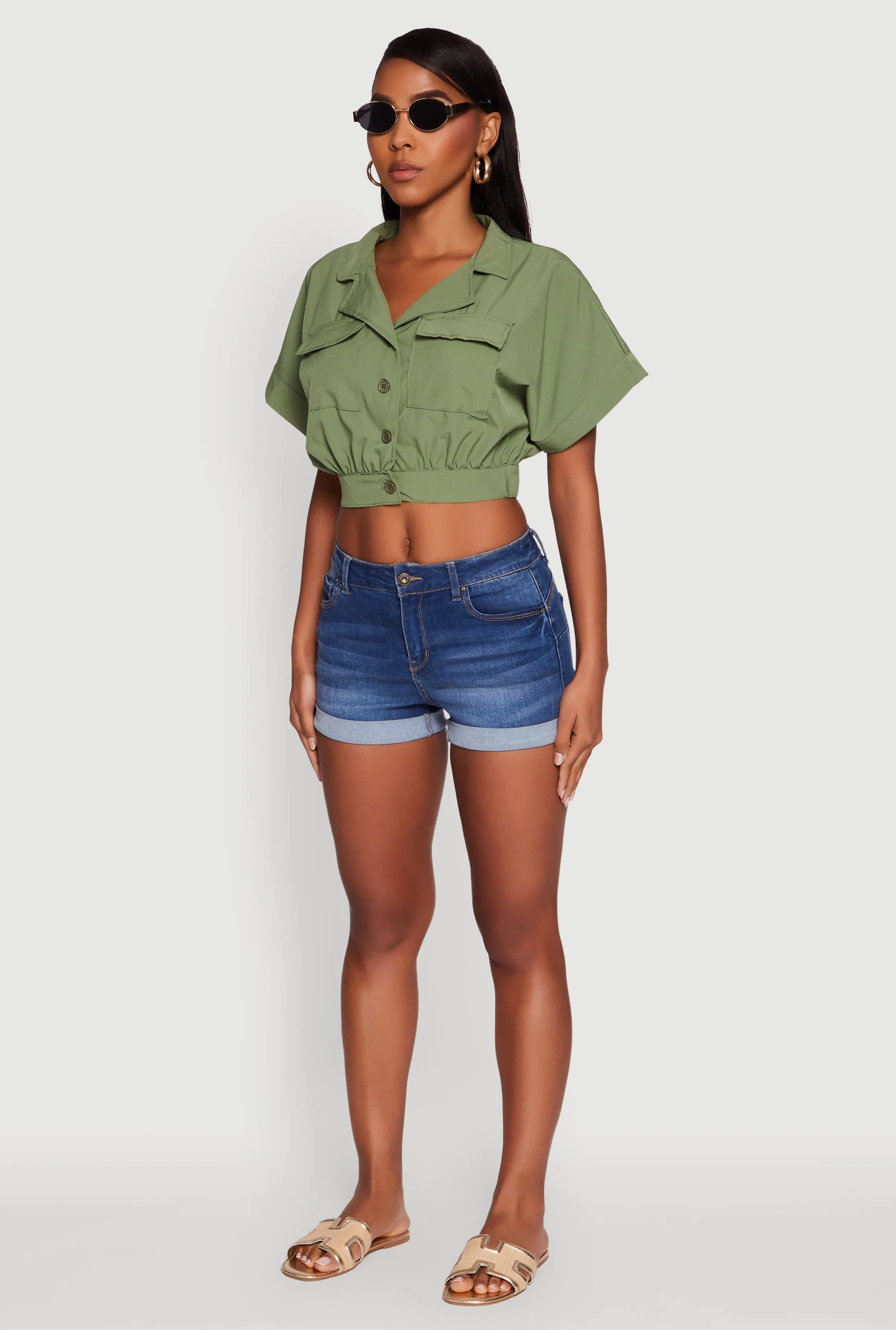 Dolman Sleeve Button Front Shirt Collar Crop Top sold by Rainbow product image thumbnail 5