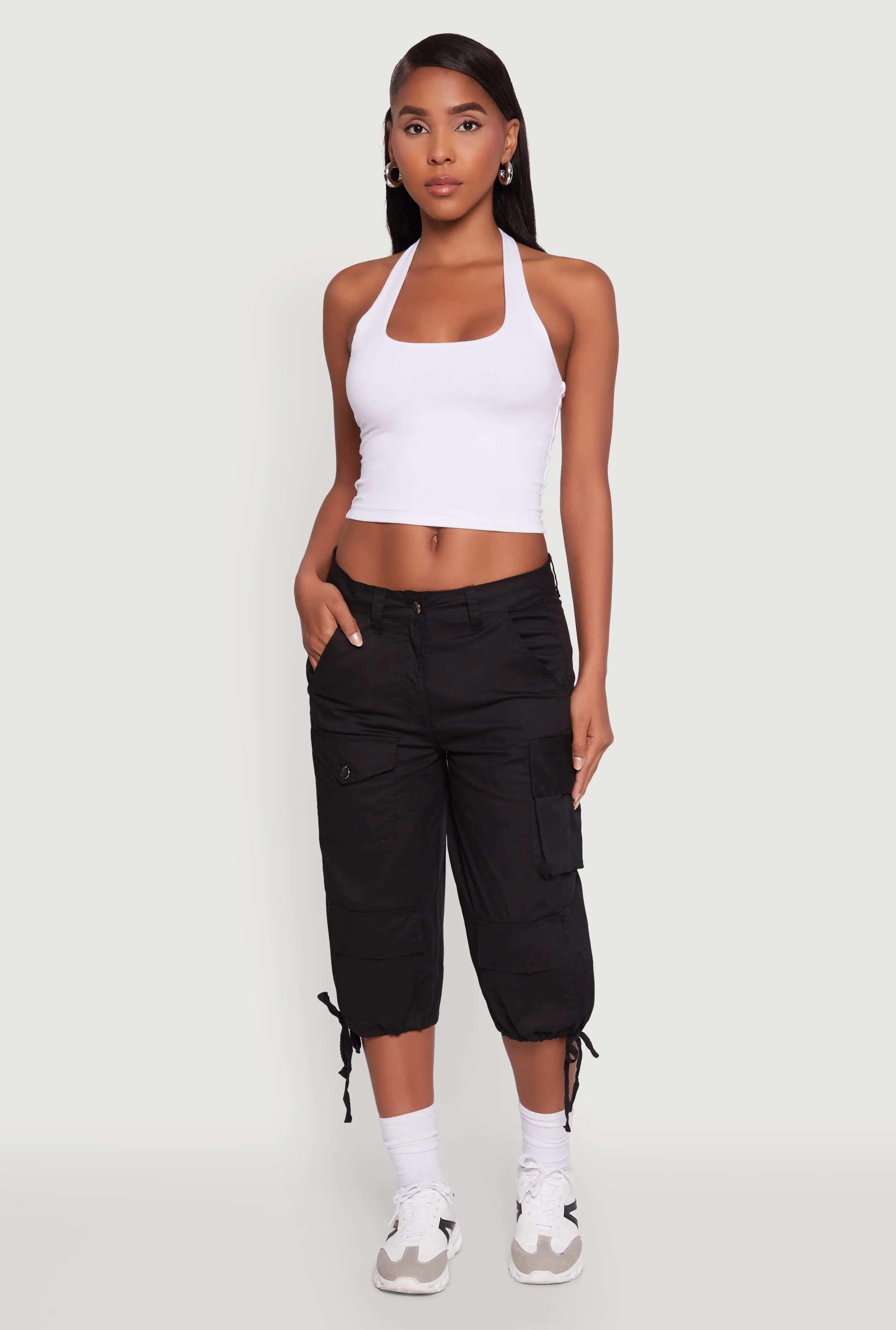 Trendy Cargo Pocket Drawstring Hem Capris Pants sold by Rainbow