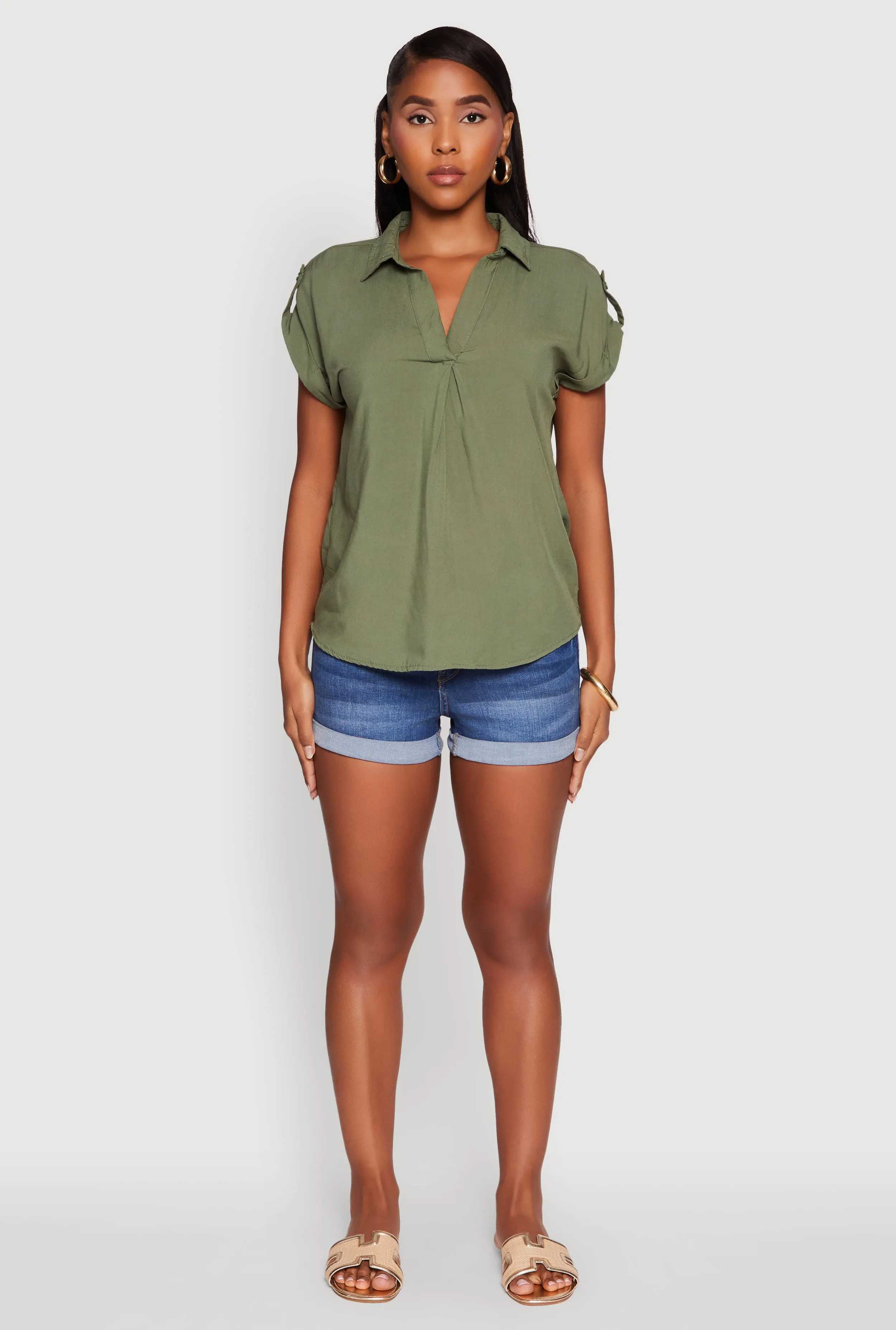 Trendy Tabbed Short Sleeve Collared Blouse sold by Rainbow product image thumbnail 3