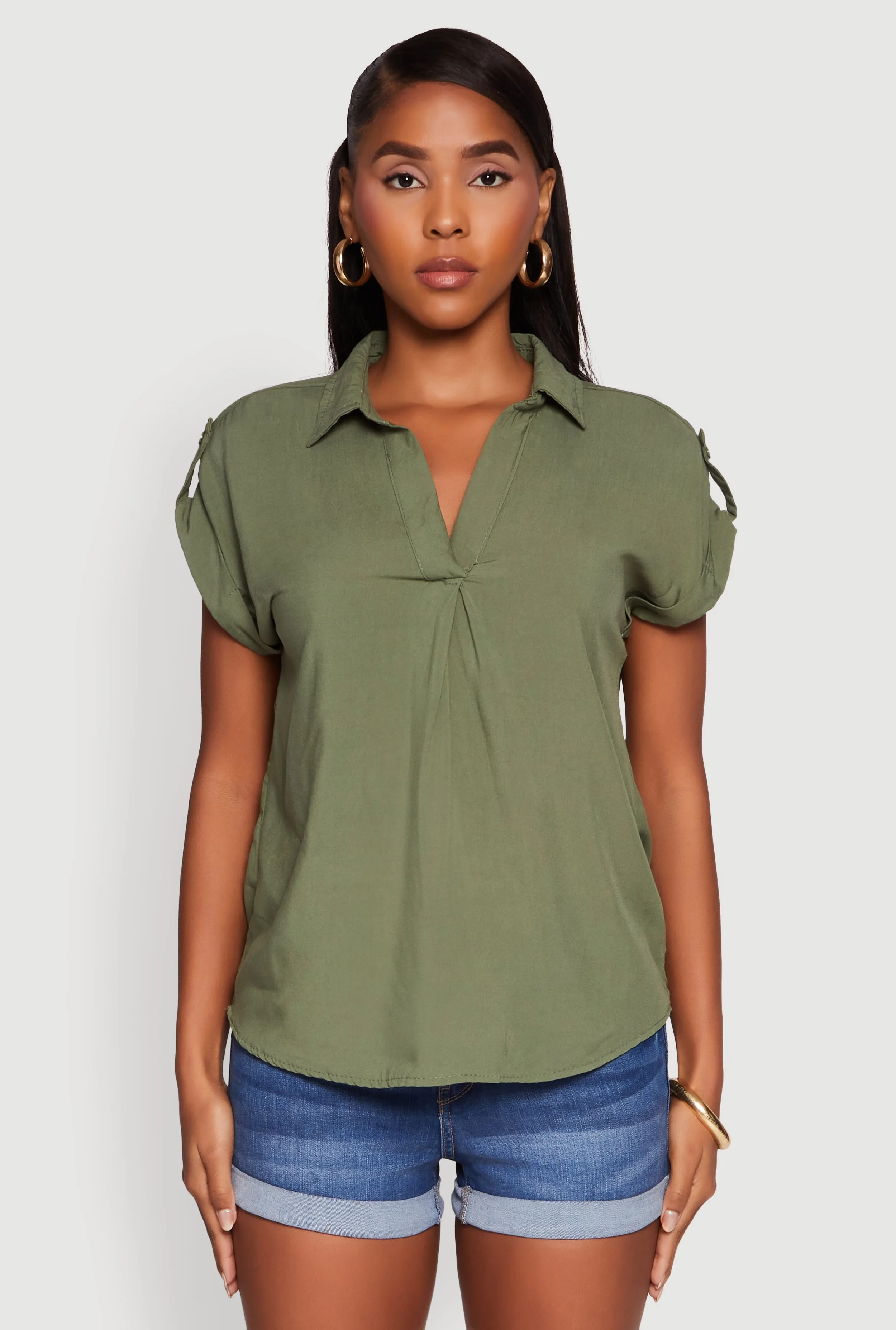Trendy Tabbed Short Sleeve Collared Blouse sold by Rainbow product image thumbnail 2