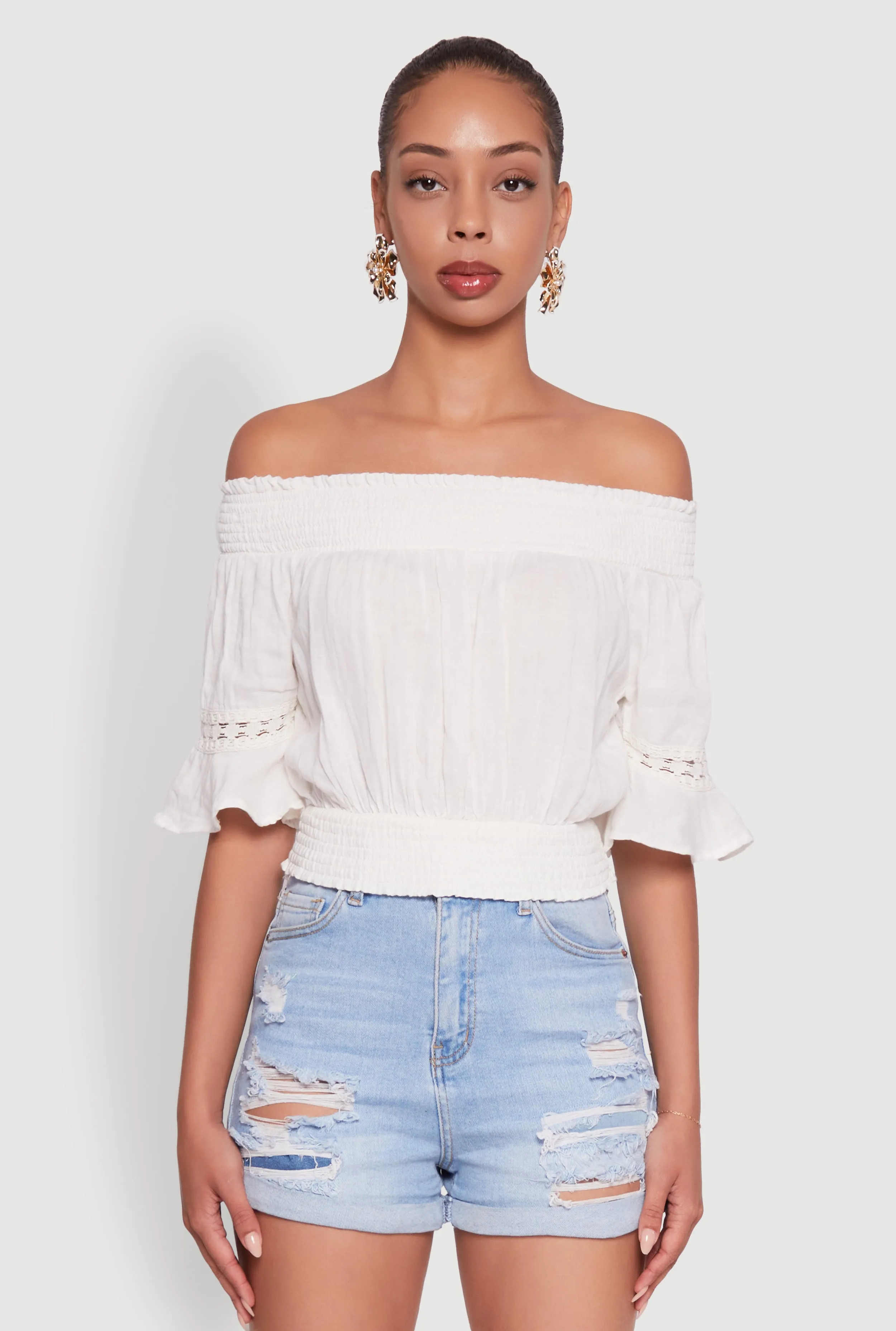 Off The Shoulder Smocked Cropped Peasant Top sold by Rainbow product image thumbnail 2