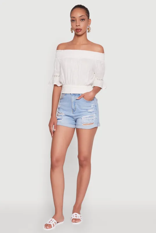 Off The Shoulder Smocked Cropped Peasant Top sold by Rainbow