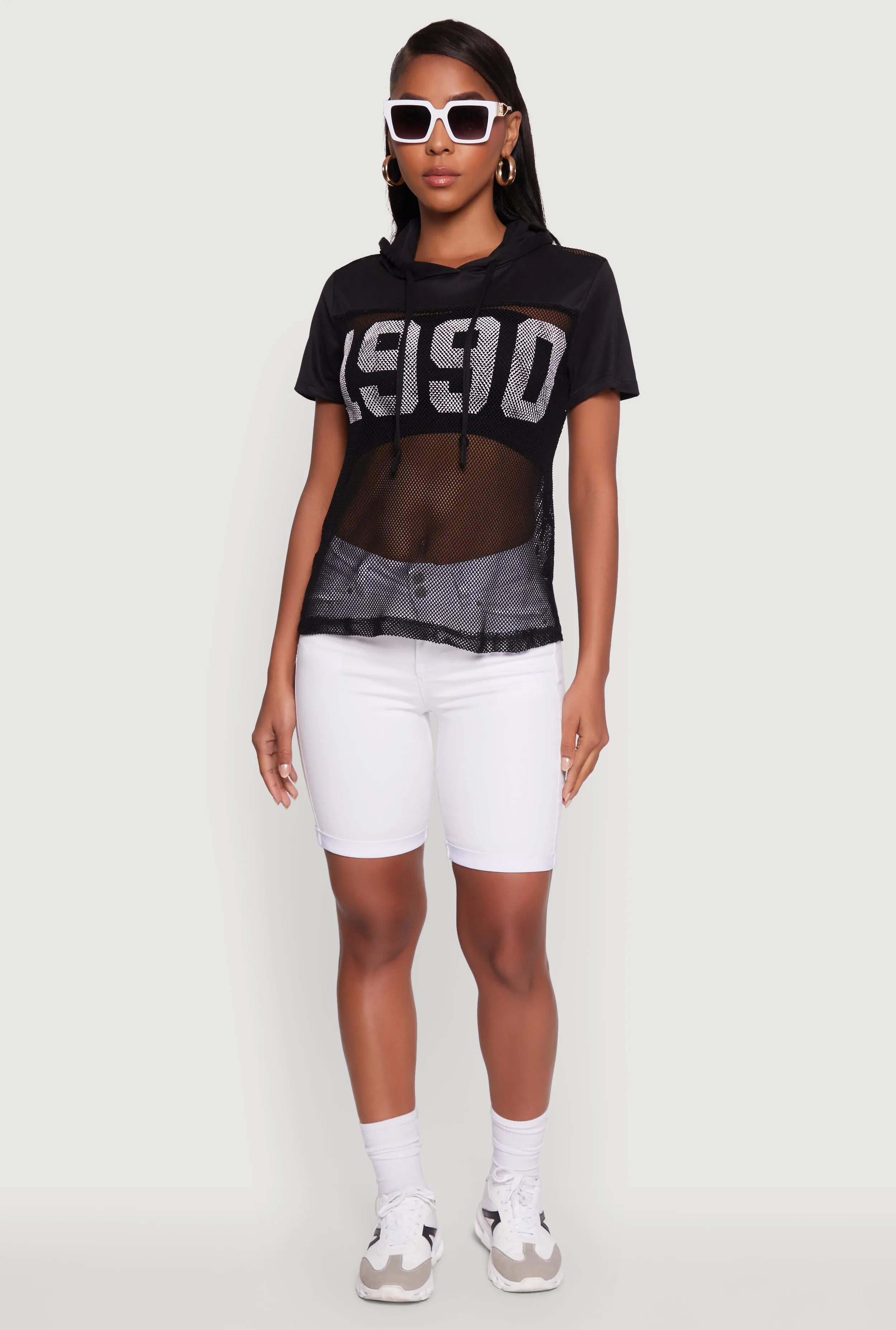 Fishnet 1990 Graphic Hooded Short Sleeve Top sold by Rainbow