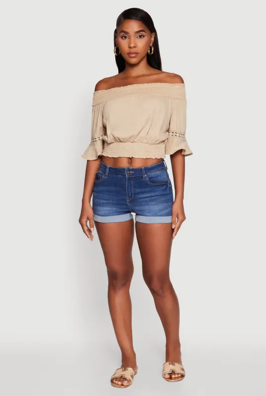 Off The Shoulder Smocked Cropped Peasant Top sold by Rainbow