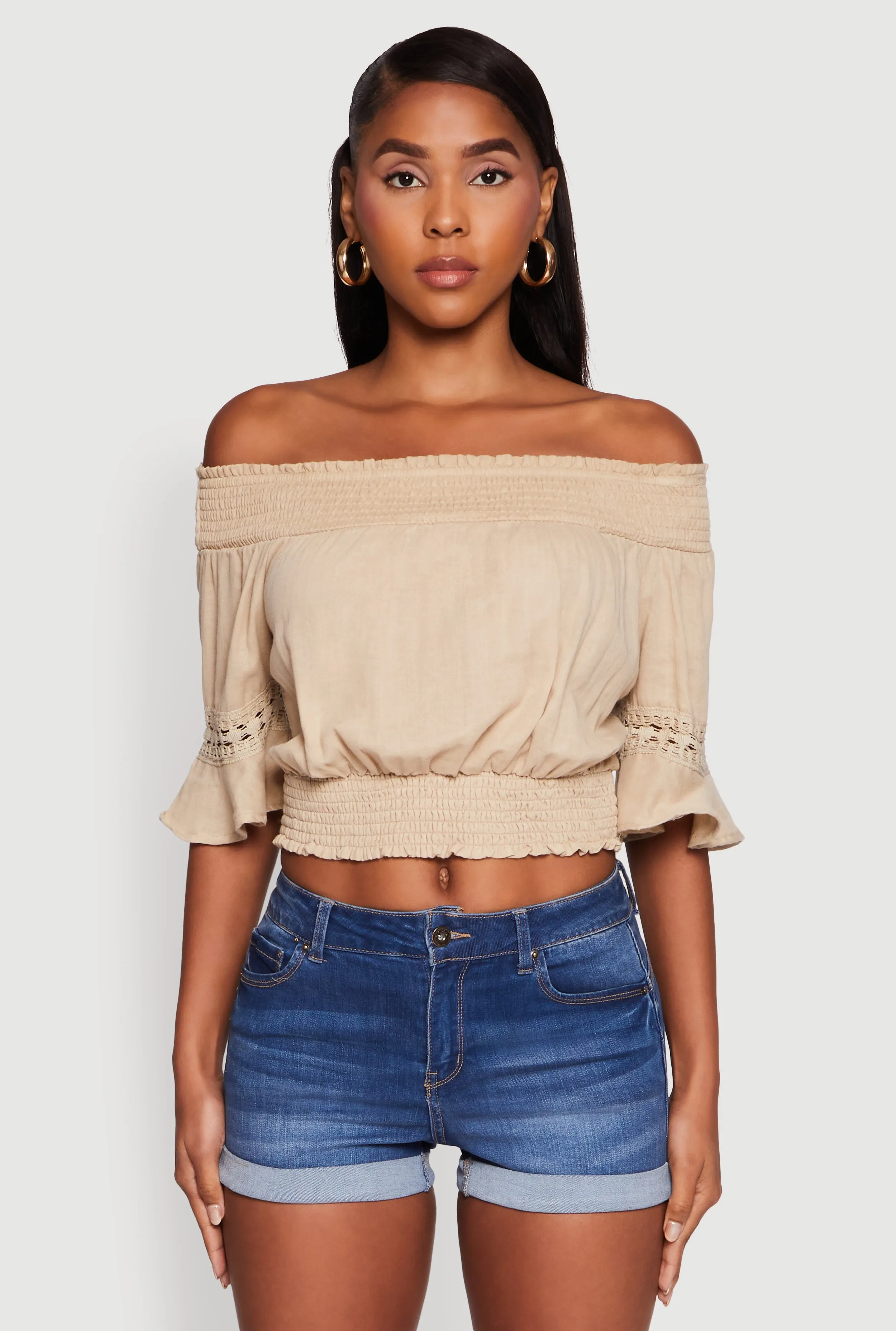 Off The Shoulder Smocked Cropped Peasant Top sold by Rainbow product image thumbnail 2