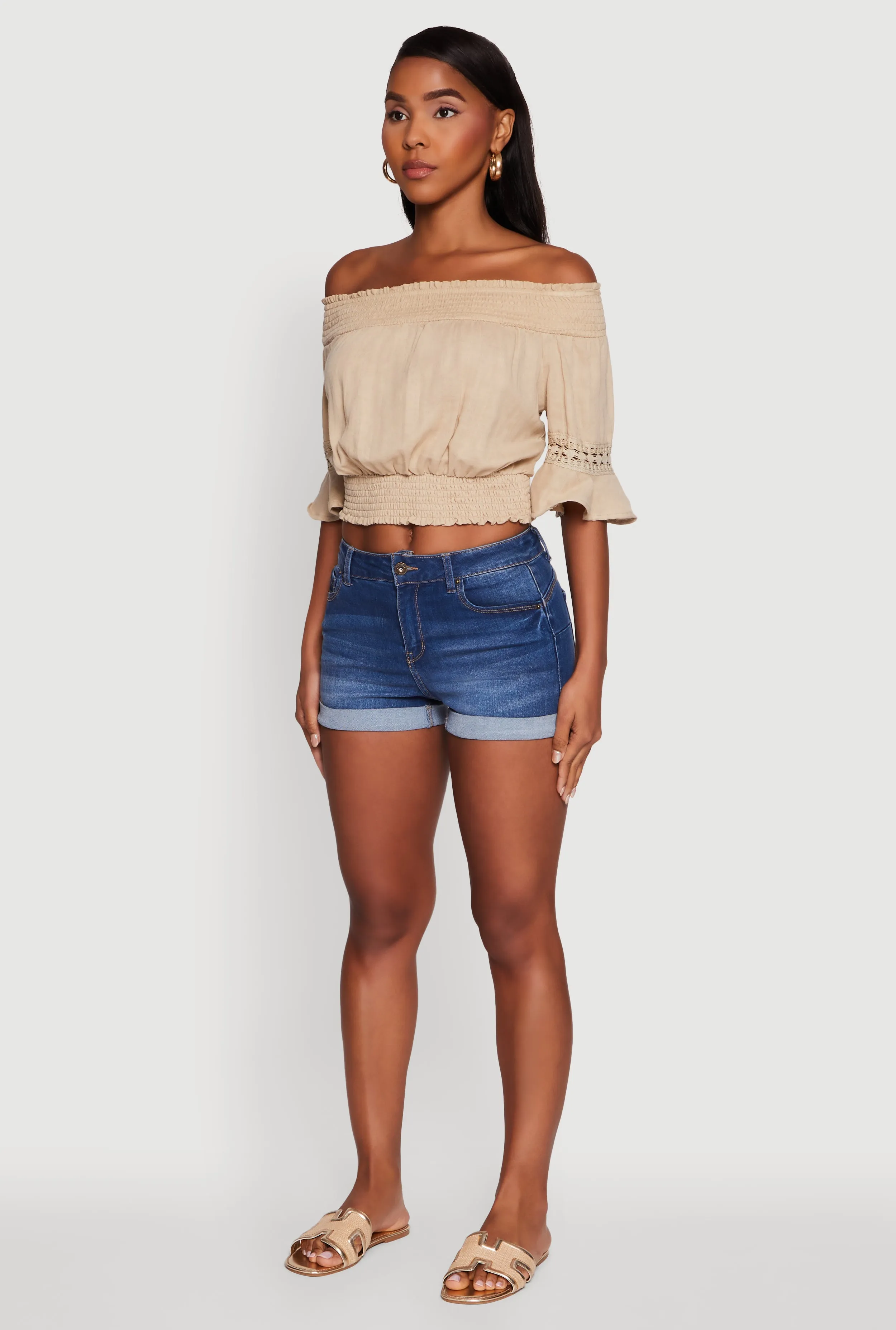 Off The Shoulder Smocked Cropped Peasant Top sold by Rainbow product image thumbnail 5