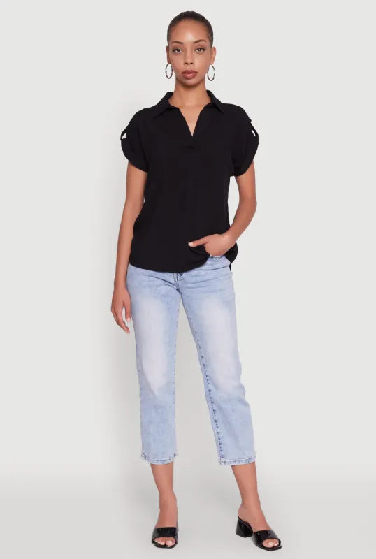 Trendy Tabbed Short Sleeve Collared Blouse sold by Rainbow