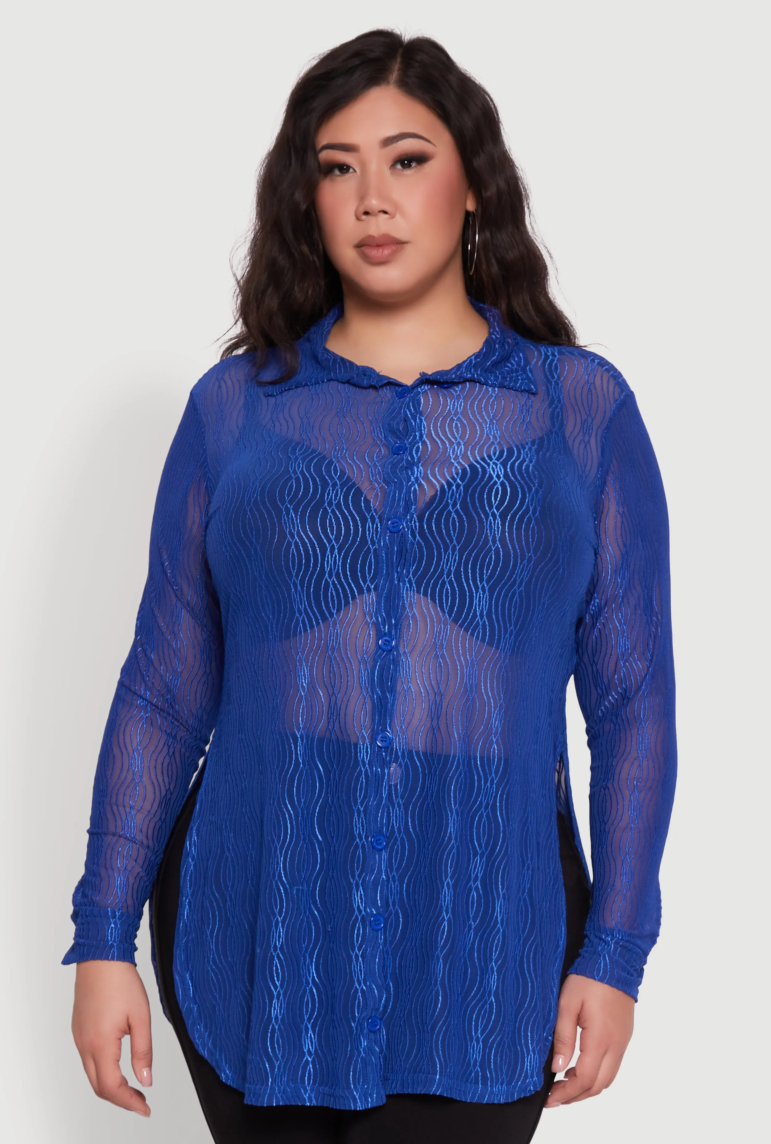 Plus Size Sheer Classic Fit Long Sleeve Tunic Shirt sold by Rainbow product image thumbnail 2