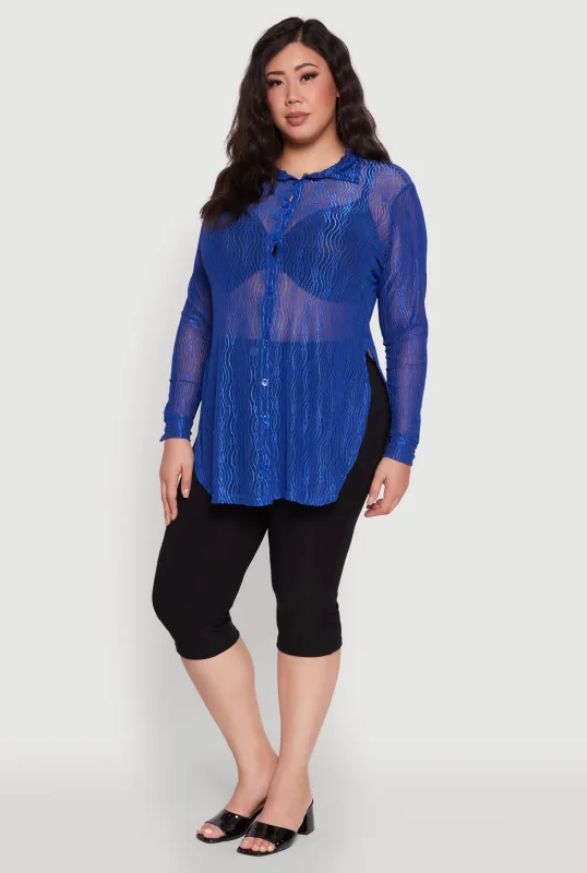 Plus Size Sheer Classic Fit Long Sleeve Tunic Shirt sold by Rainbow