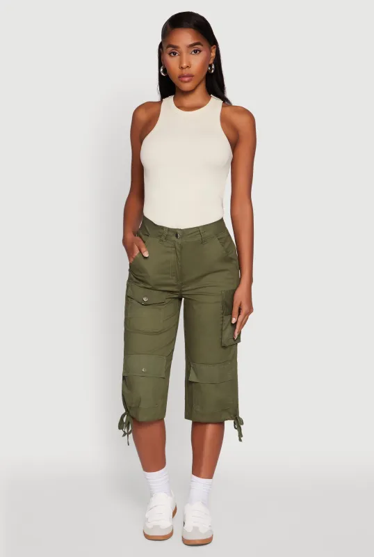 Trendy Cargo Pocket Drawstring Hem Capris Pants sold by Rainbow