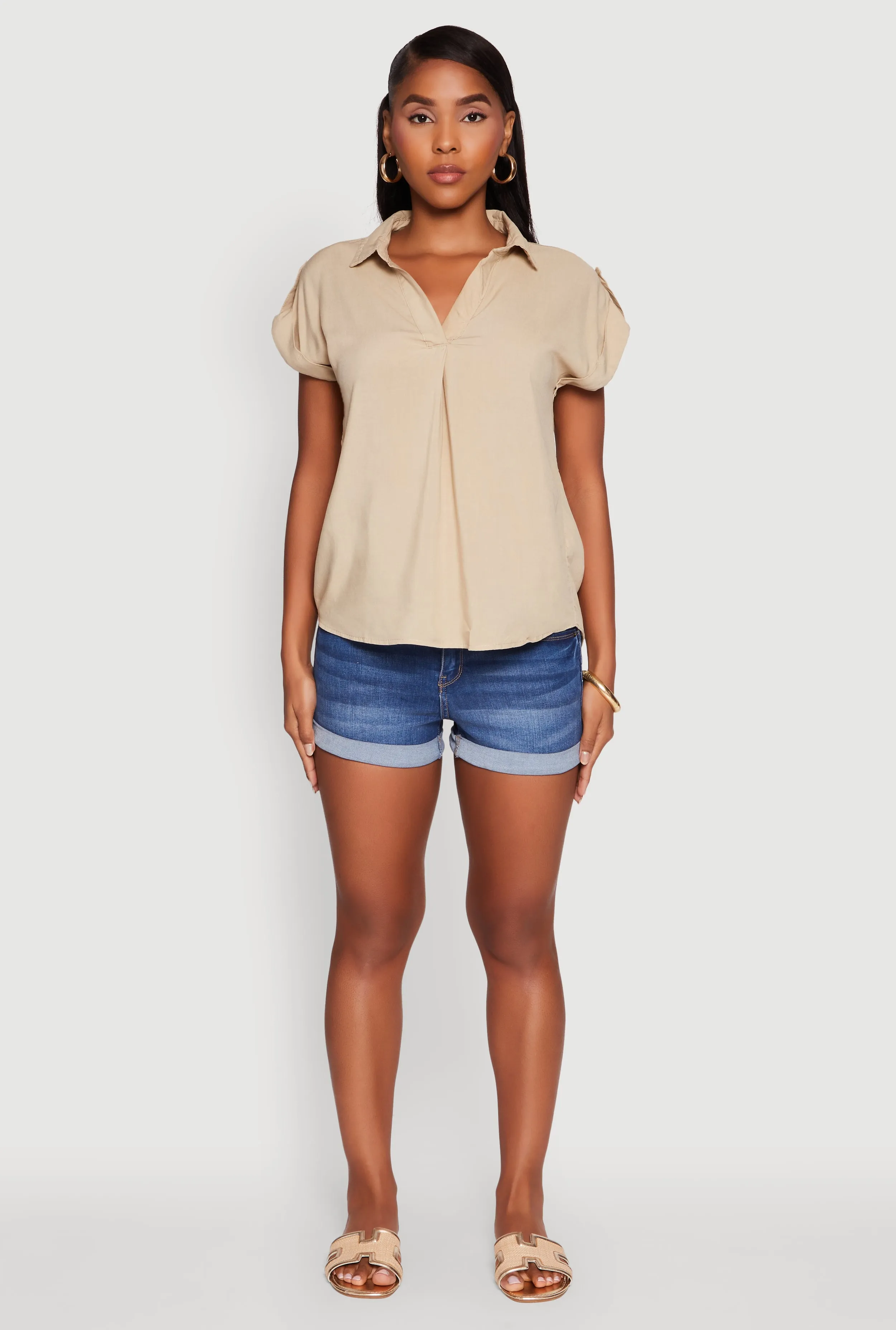 Trendy Tabbed Short Sleeve Collared Blouse sold by Rainbow product image thumbnail 3