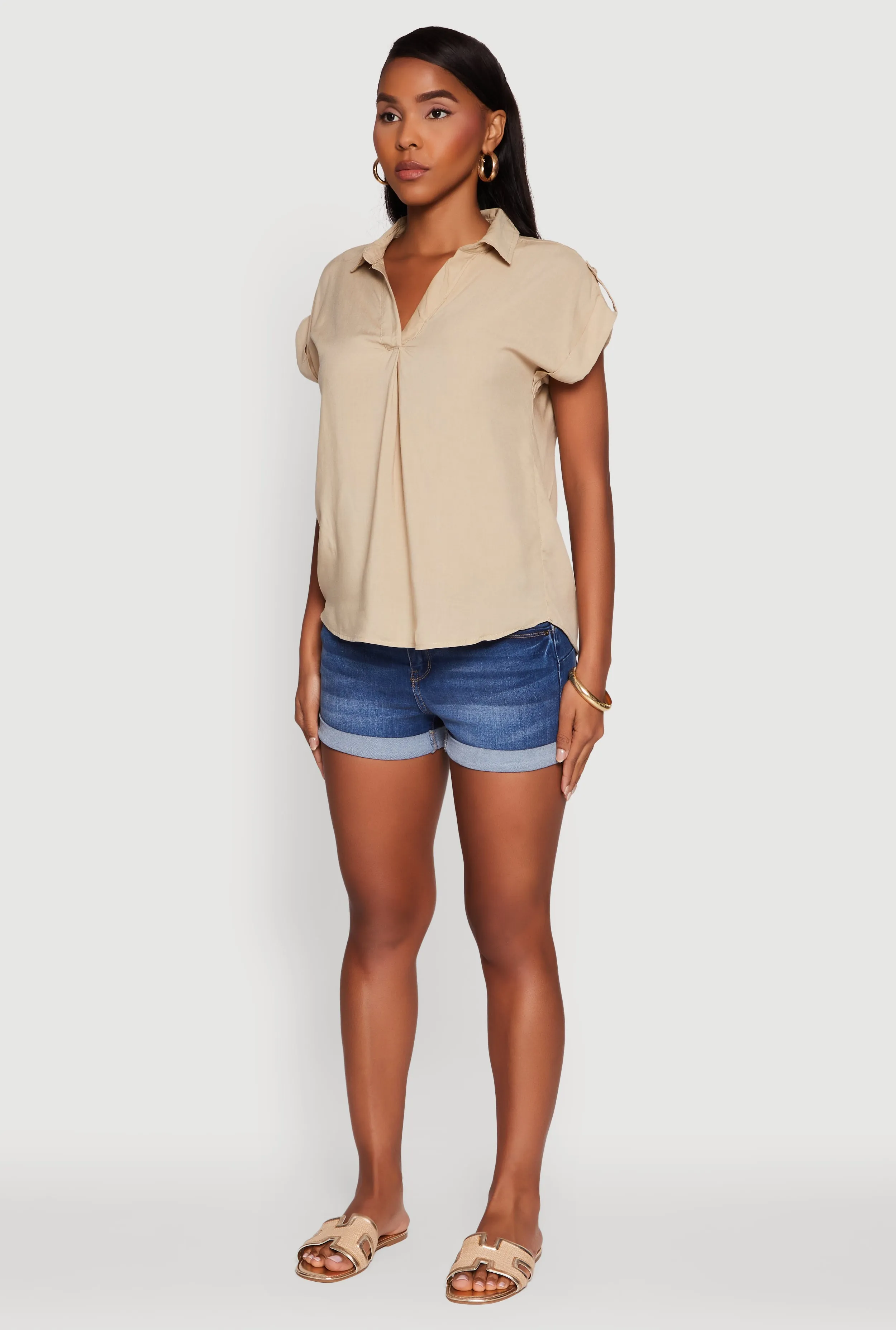 Trendy Tabbed Short Sleeve Collared Blouse sold by Rainbow product image thumbnail 5