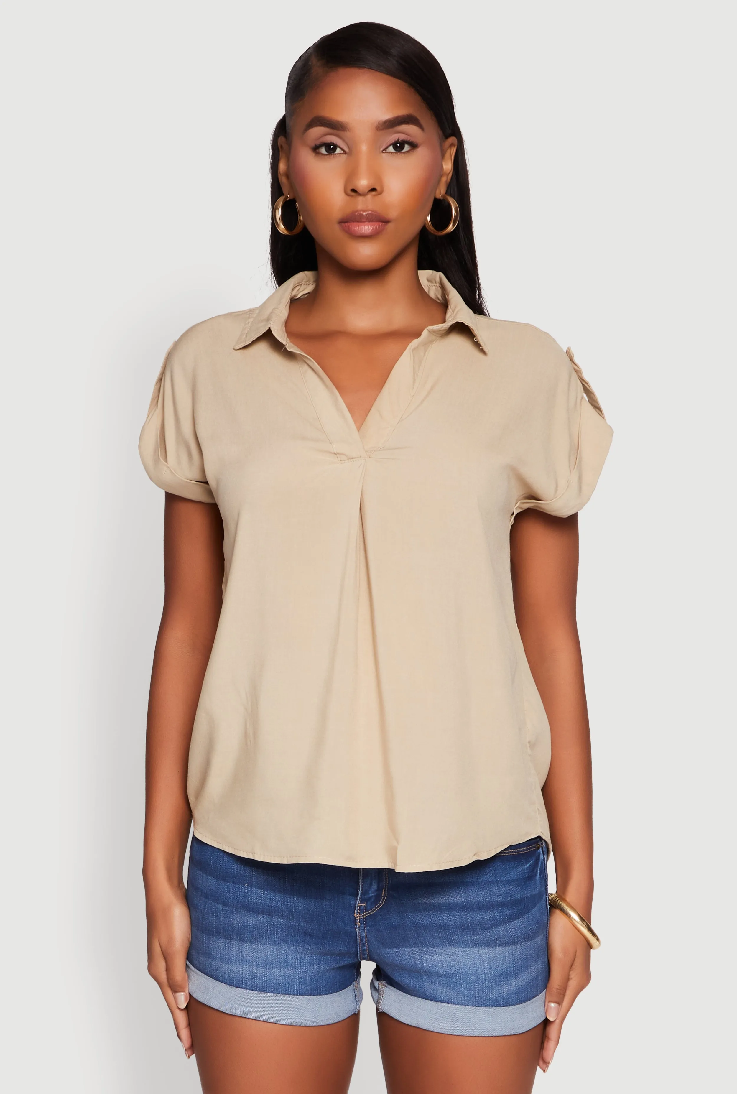 Trendy Tabbed Short Sleeve Collared Blouse sold by Rainbow product image thumbnail 2