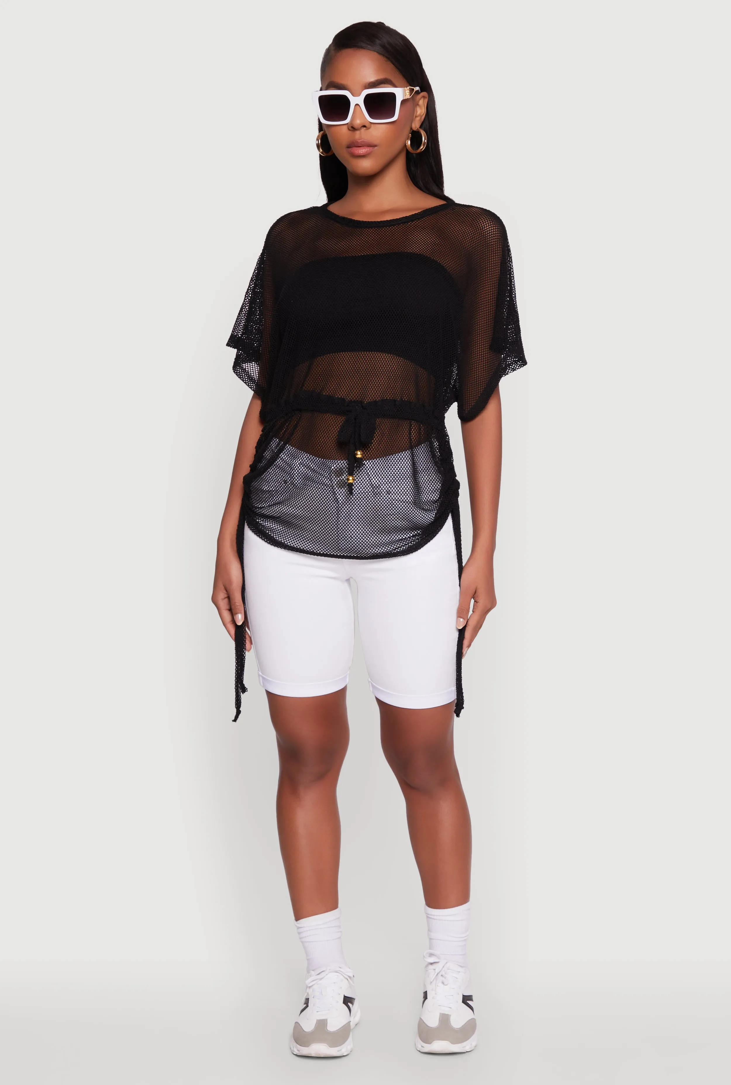 Trendy Fishnet Tunic Top with Drawstring Waist sold by Rainbow
